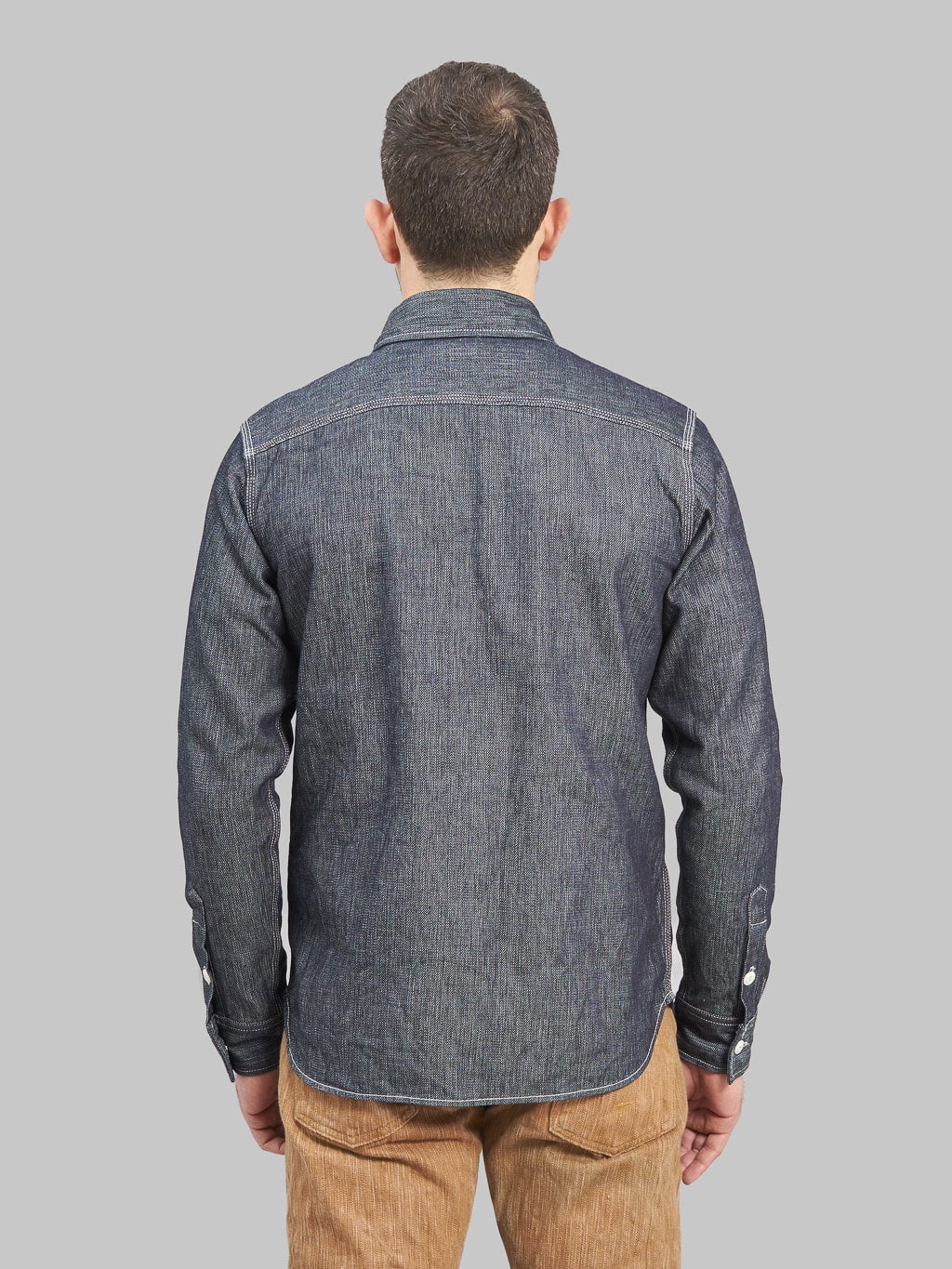UES Indigo Double Weave denim Shirt model back fit