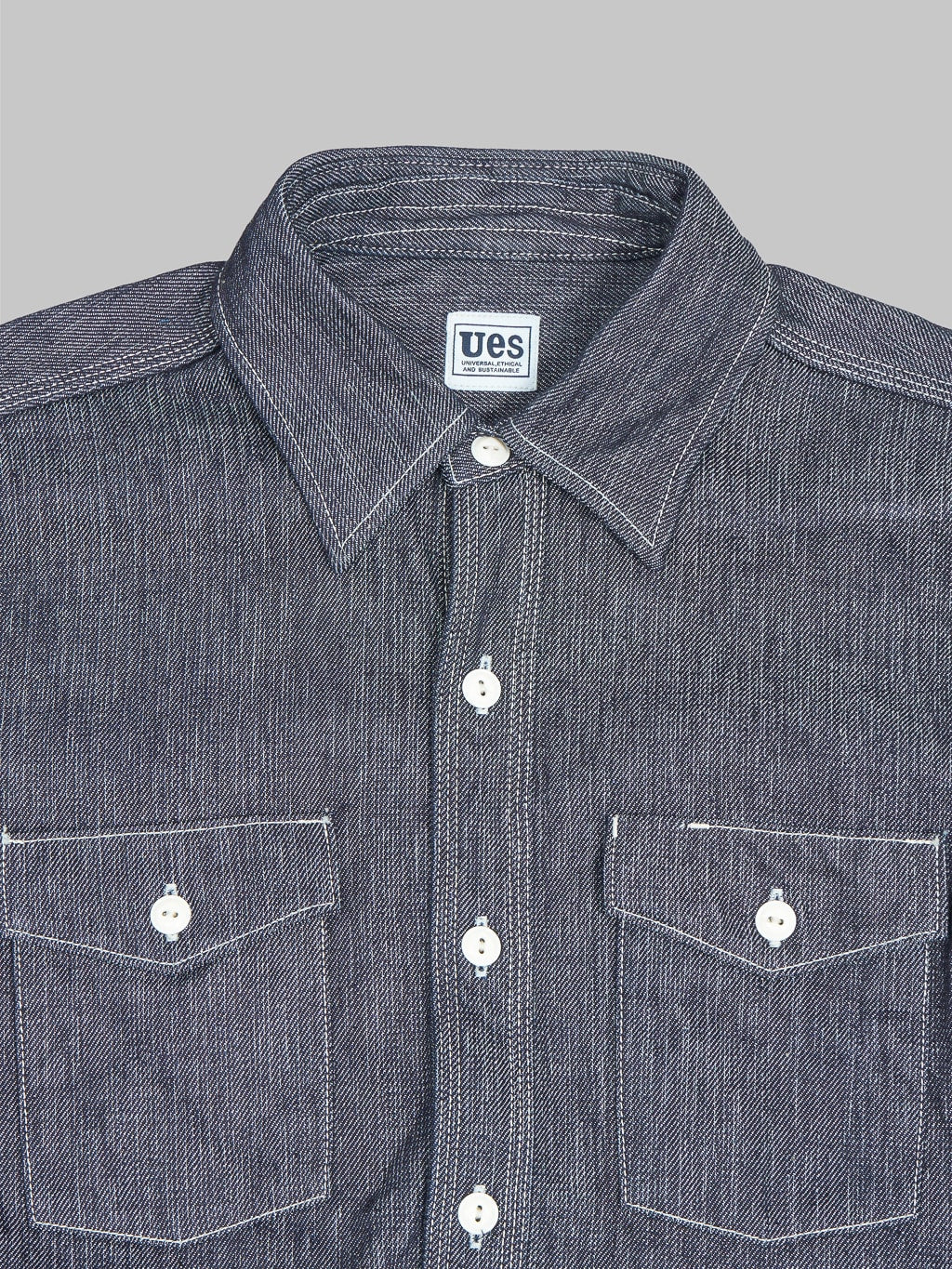 UES Indigo Double Weave denim Shirt  pockets closeup
