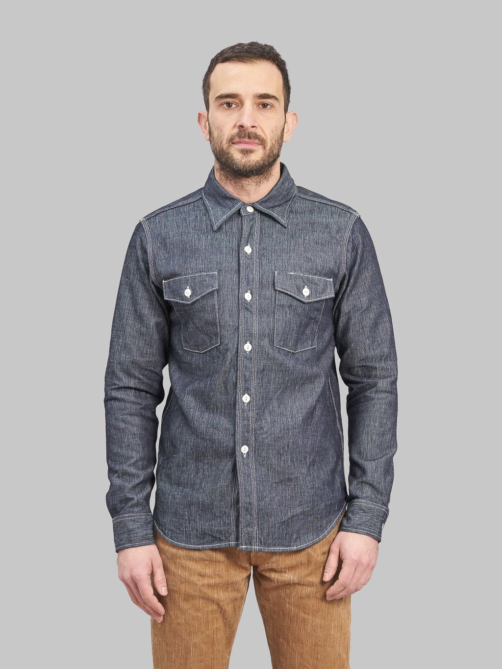 UES Indigo Double Weave denim Shirt model front fit