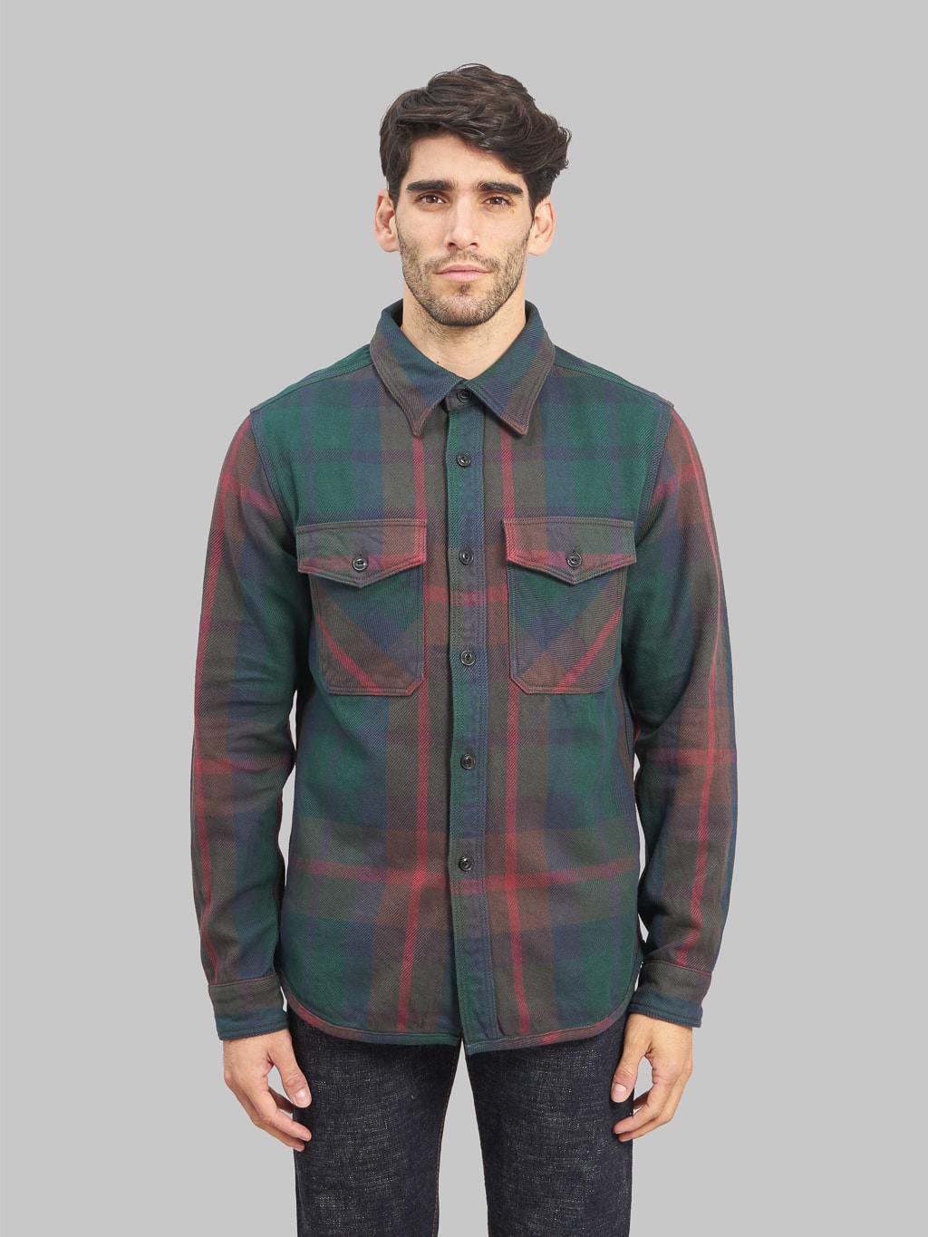 UES Extra Heavy Flannel Shirt green model front fit