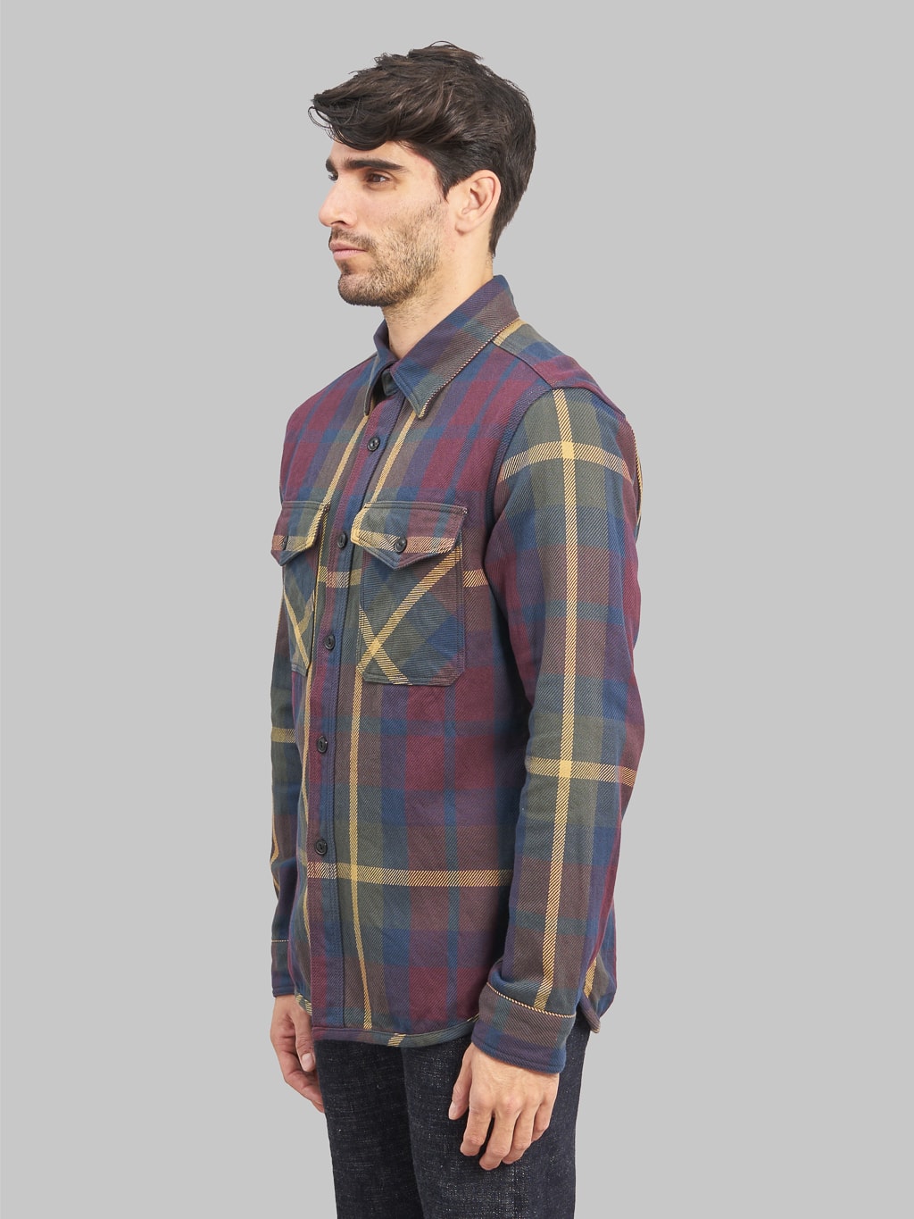 UES Extra Heavy Flannel Shirt wine model side fit