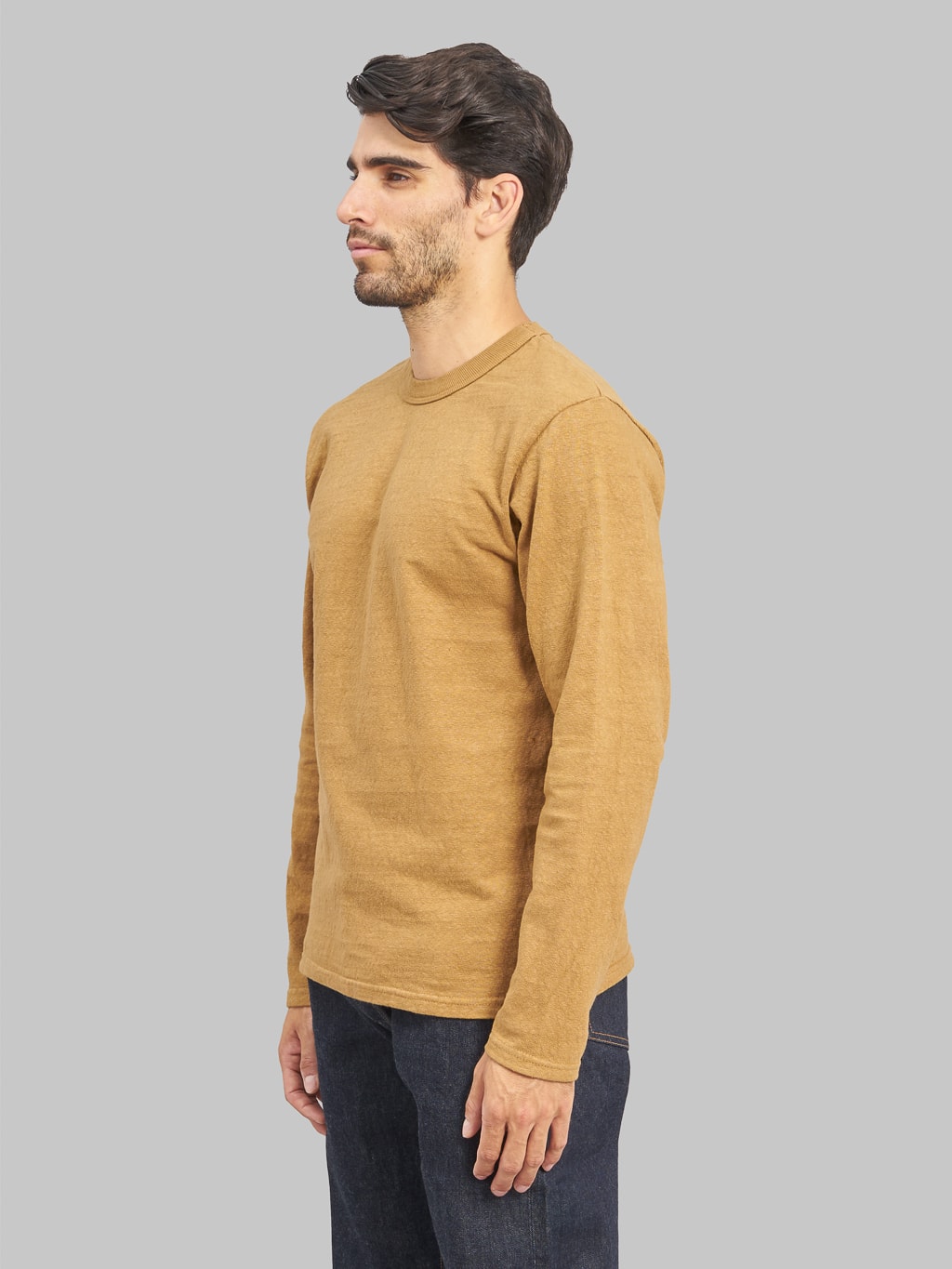 UES No 8 Slub Nep long Sleeve TShirt yellow model side fit