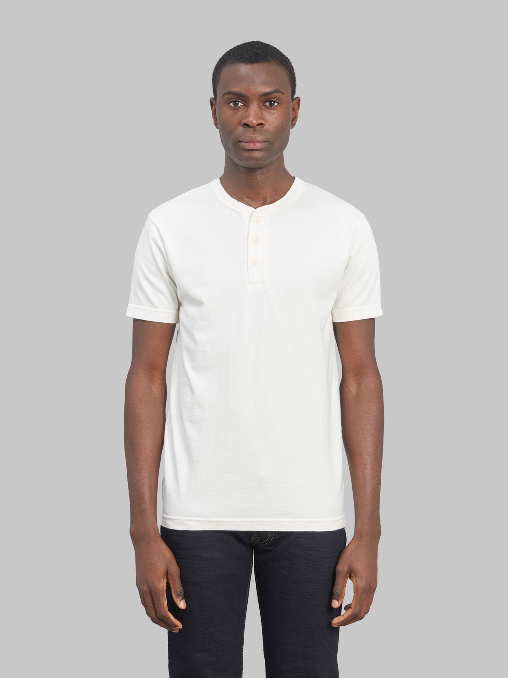 UES Ramayana Henley Neck TShirt white model front fit