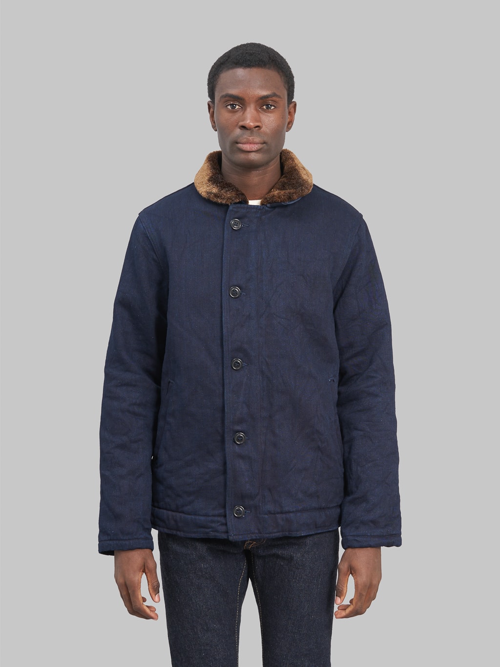 UES Tricotine indigo Deck Jacket model front fit