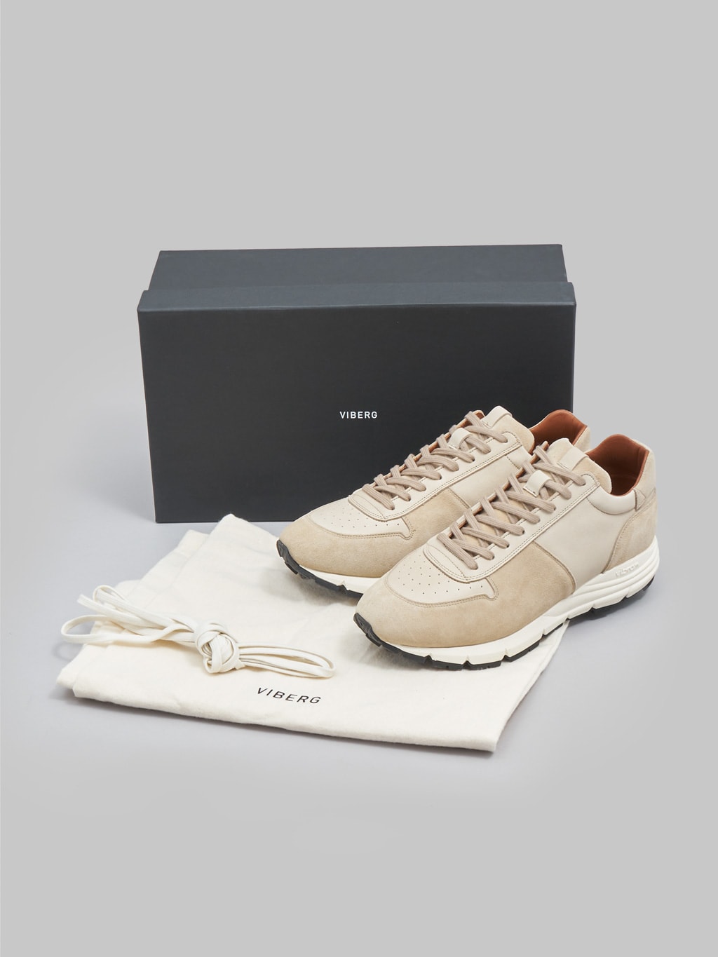 Viberg Sneaker Parchment Janus Calf Suede leather packaging
