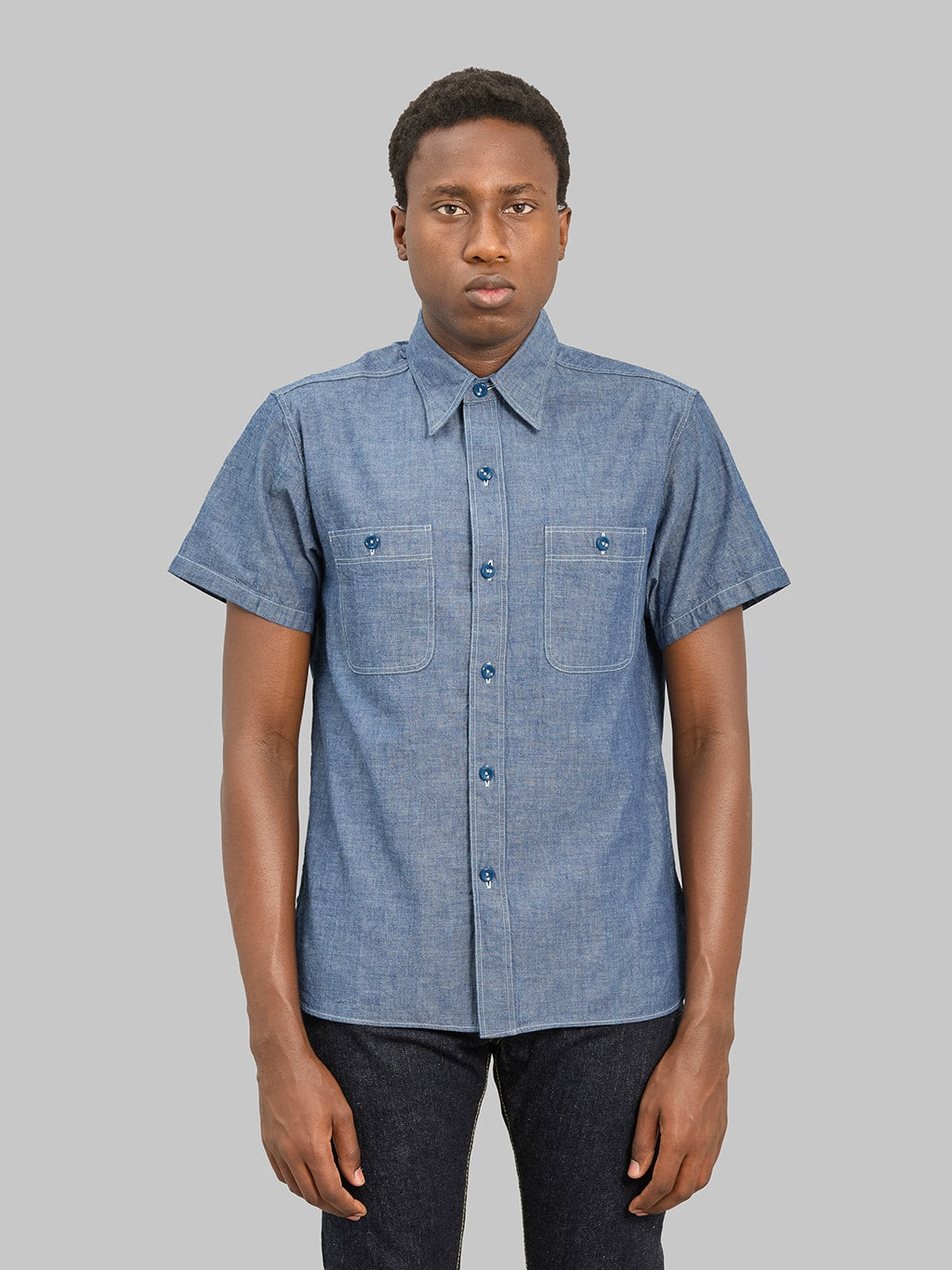 Buzz Rickson's BR35856 Chambray Short Sleeve Work Shirt Blue