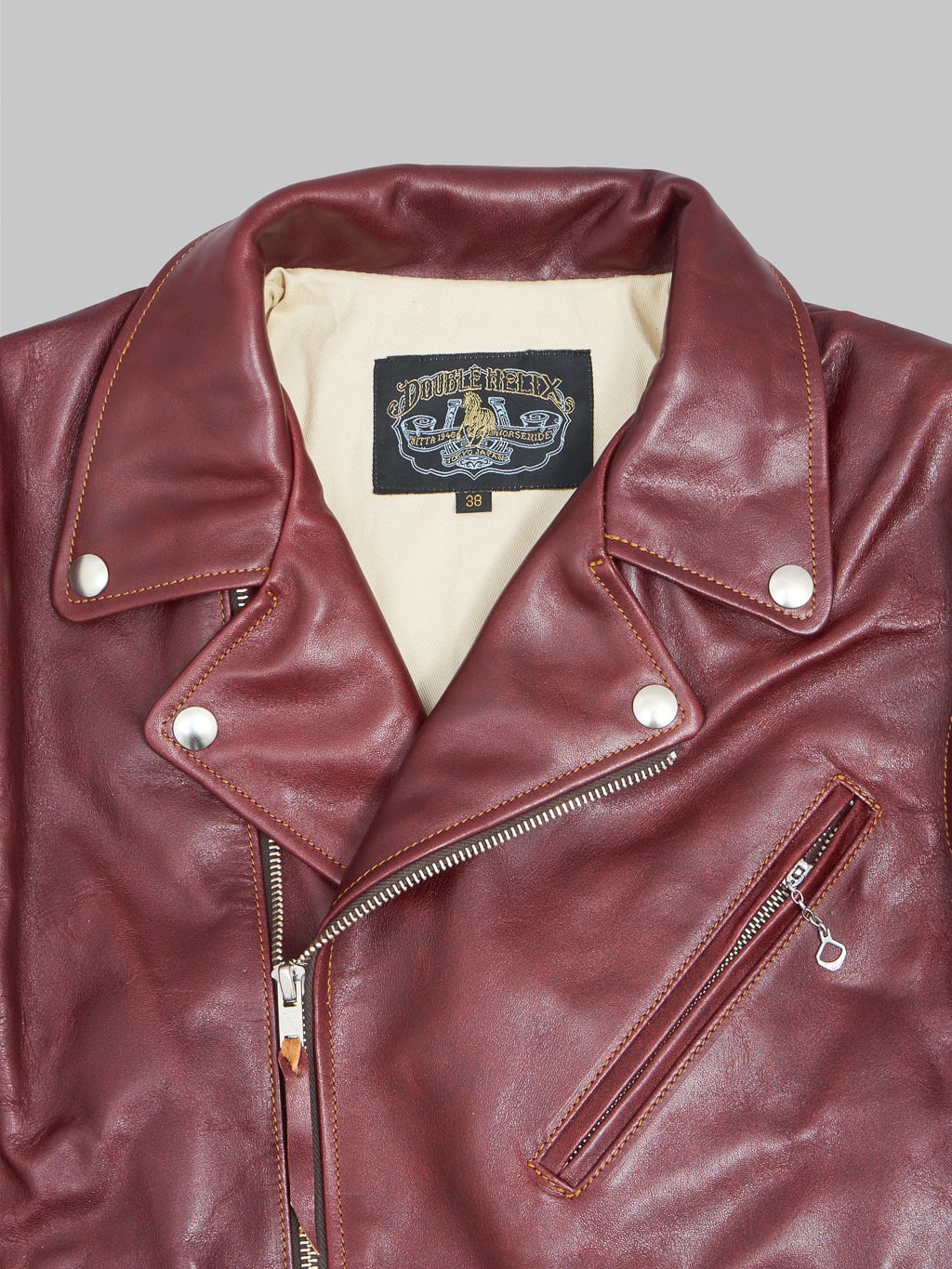 double helix deviant double riders horsehide jacket burgundy collar details