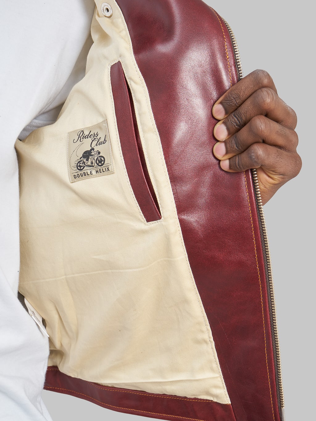 double helix deviant double riders horsehide jacket burgundy interior details