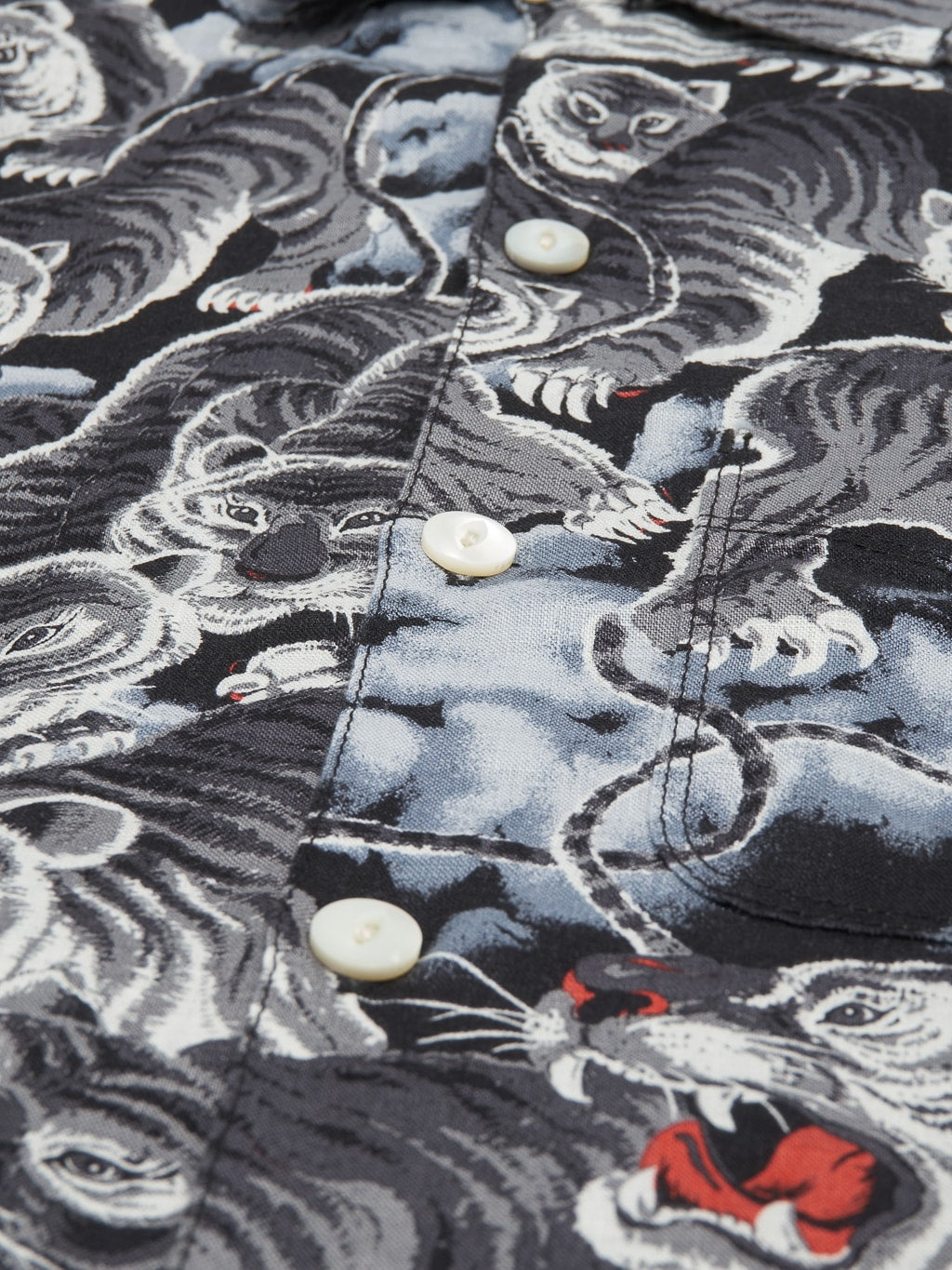 freenote cloth black tigers aloha shirt linen buttons closeup