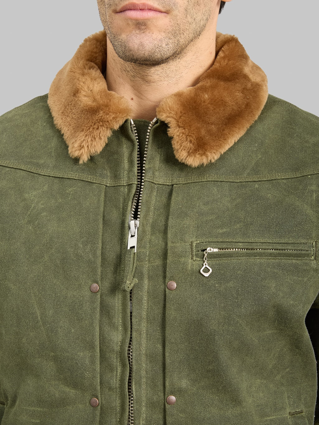 Freenote Cloth RJ2 Waxed Canvas 20oz Shearling Jacket Olive collar