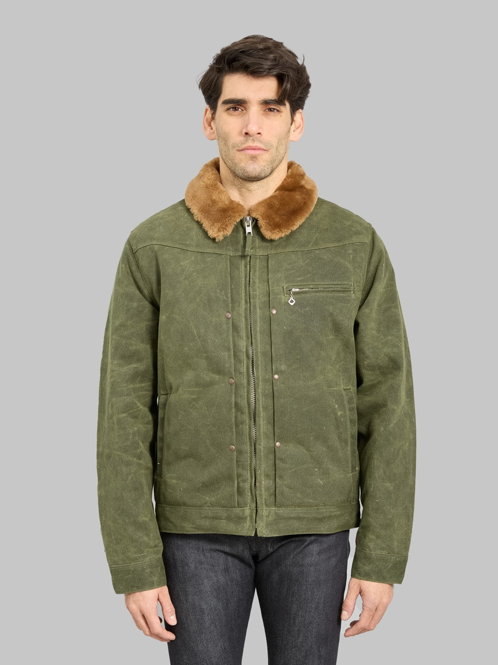Freenote Cloth RJ2 Waxed Canvas 20oz Shearling Jacket Olive front fit