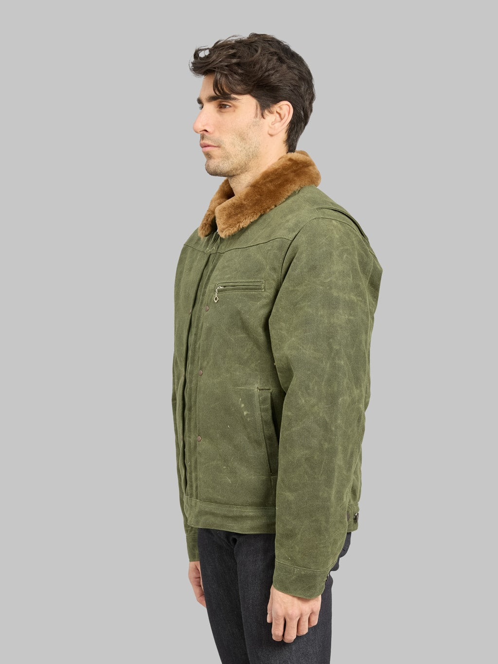 Freenote Cloth RJ2 Waxed Canvas 20oz Shearling Jacket Olive side look