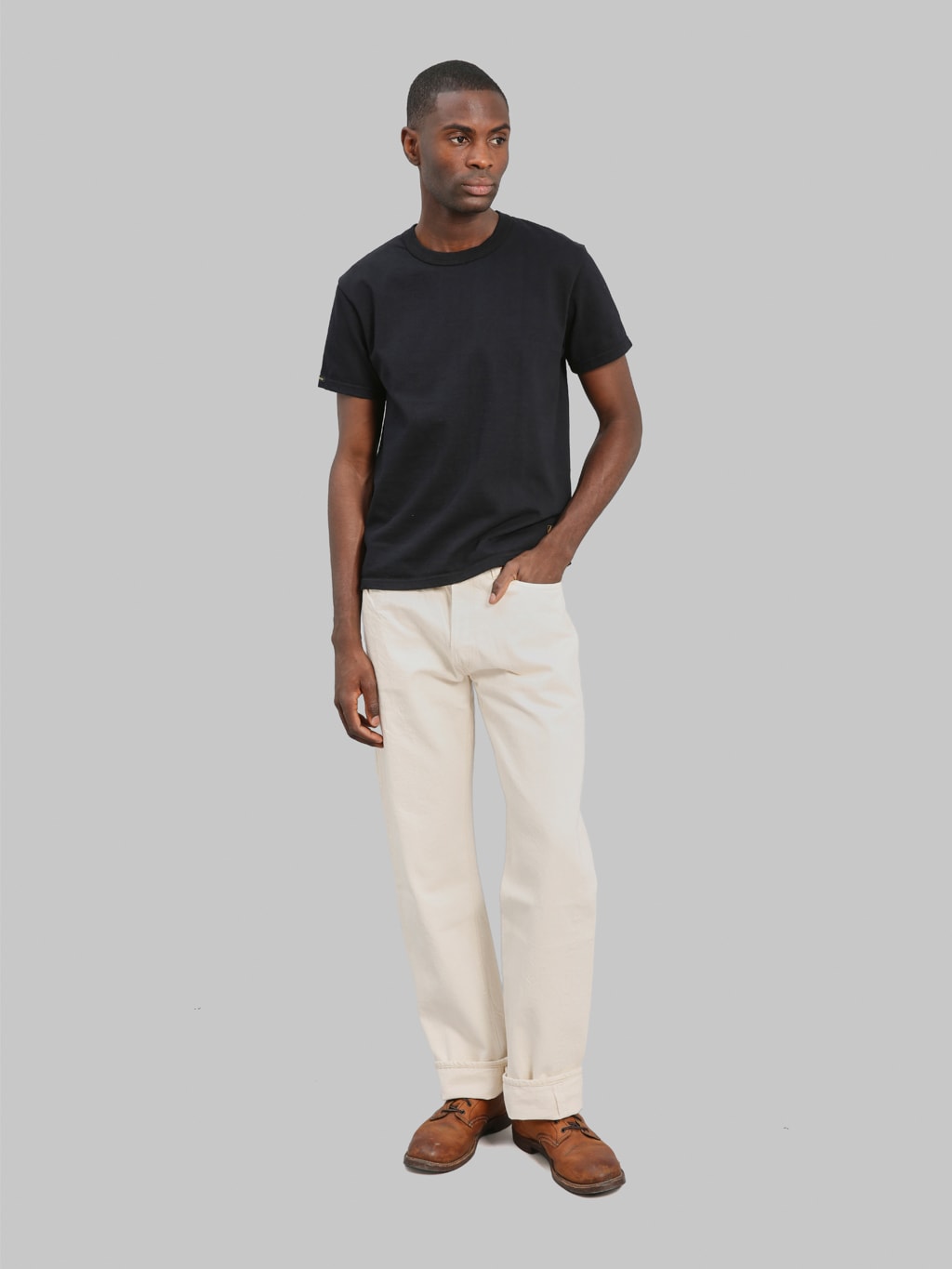 Fullcount 0105EC 13oz Ecru Selvedge Wide Straight Jeans styled