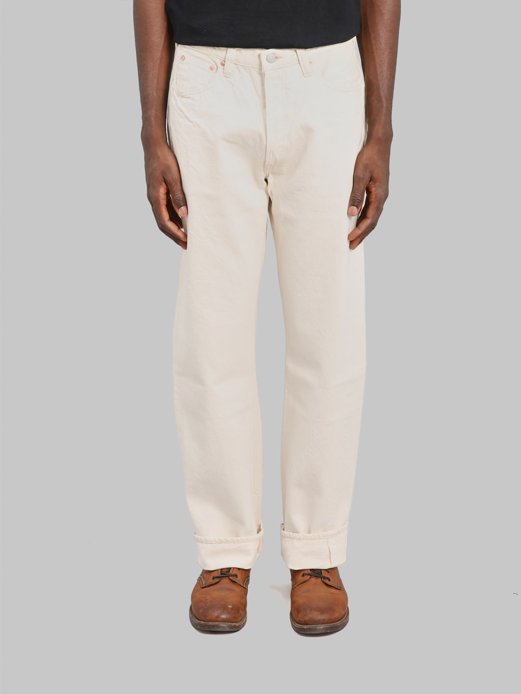 Fullcount 0105EC 13oz Ecru Selvedge Wide Straight Jeans front fit