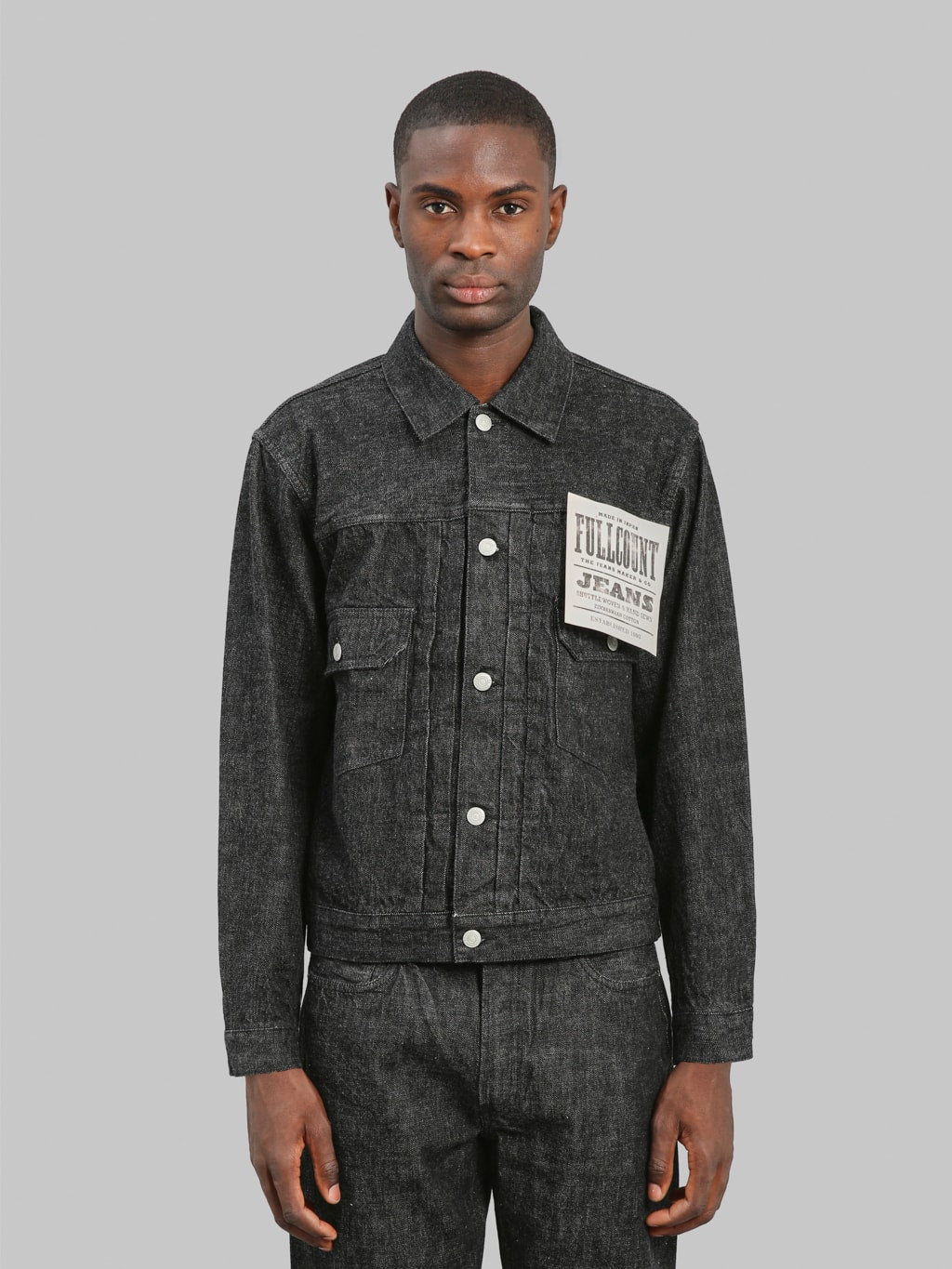 Fullcount 2102BK Type 2 Black Denim Jacket front fit buttoned
