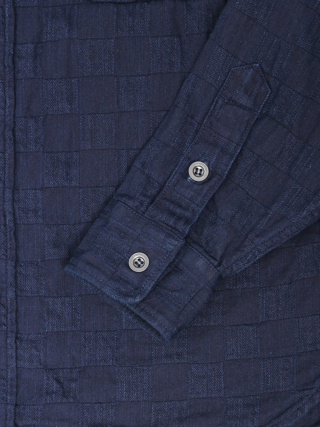 Graph Zero Officer Indigo Plaid Long Sleeve Shirt cuff closeup