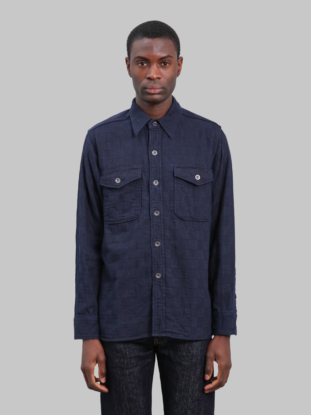 indigo blue dress shirt Graph Zero Officer Plaid Jacquard Work Japan XL Size:3XL (Bust 97 cm) a relaxed fit Victoria Beckham FOLDED SLEEVE Long-Sleeved Wedding Dresses