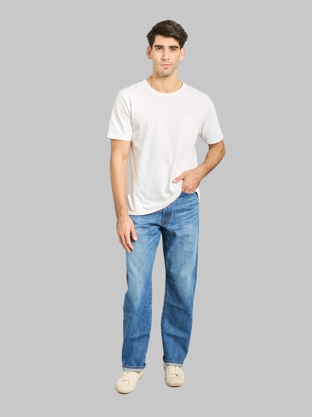 Japan Blue J501-MID 14.8oz US Cotton Stonewashed Circle Loose Straight Jeans Middle Indigo