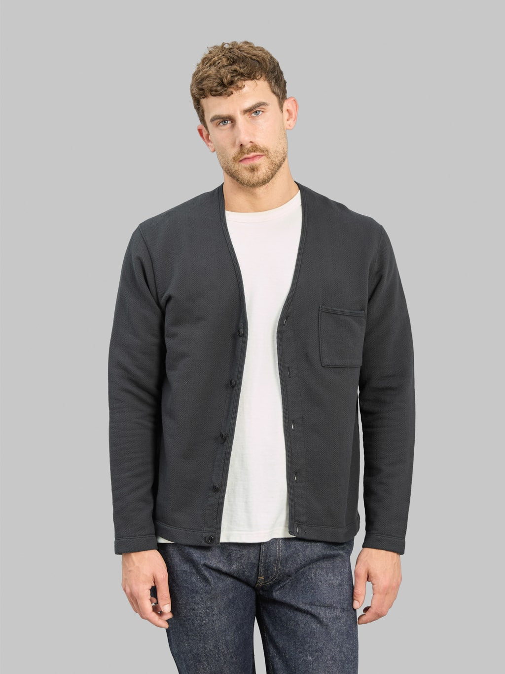 Loop & Weft Big Herringbone Pile Knit 50's Cardigan Antique Black