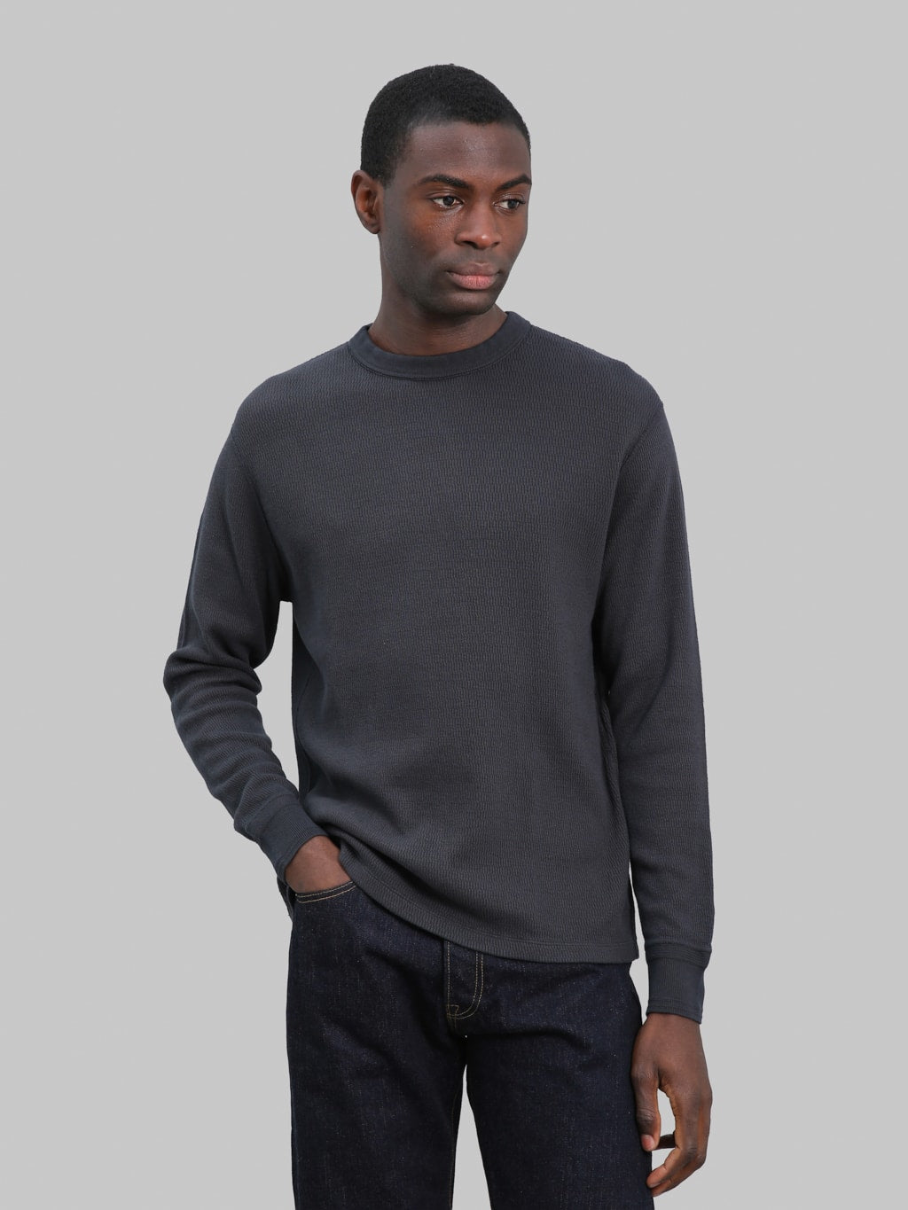 Loop & Weft Supima Long Honeycomb Knit Crewneck Thermal Antique Black