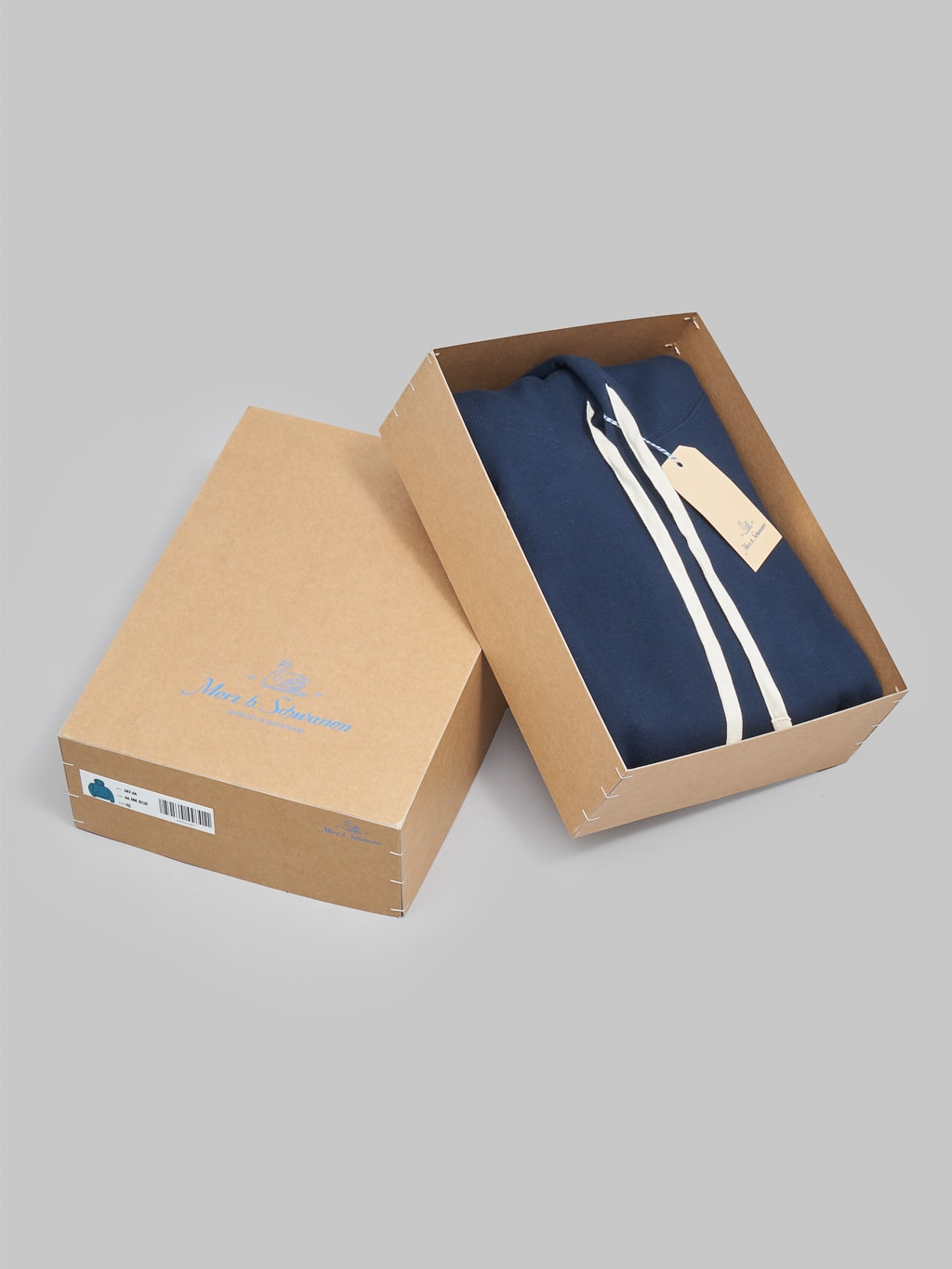 Merz b schwanen loopwheeled hoodie ink blue packaging box