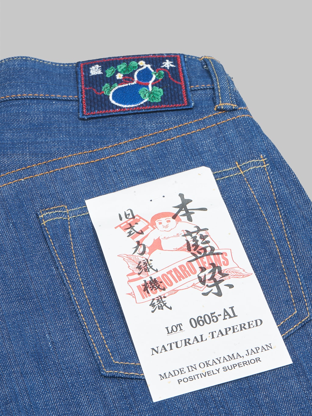 momotaro 0605 ai natural indigo dyed natural tapered denim jeans pocket flasher