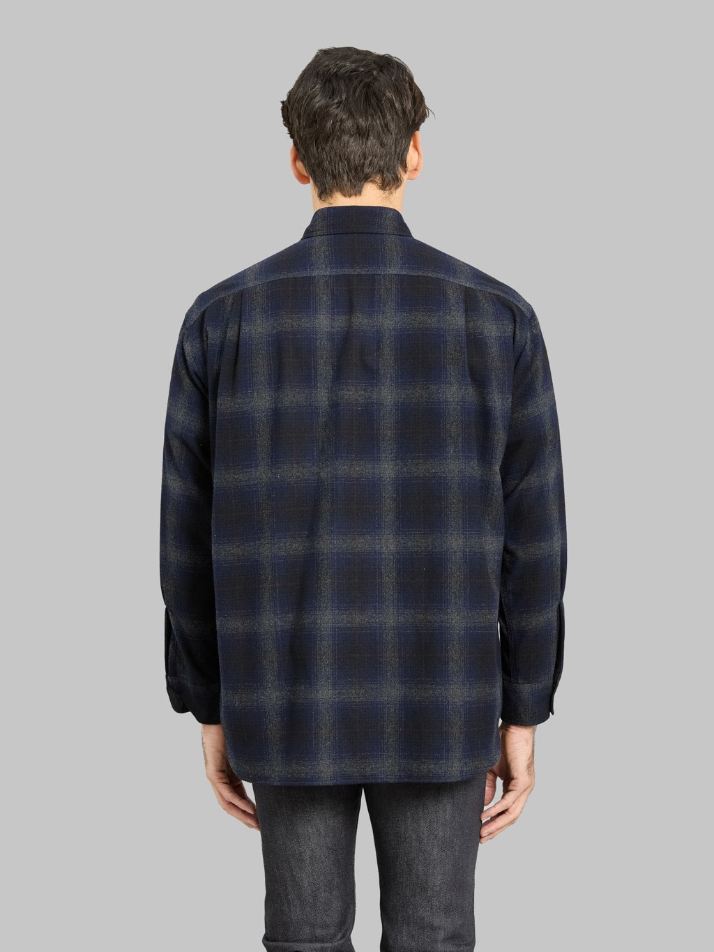 Momotaro Jeans MMLS6001 Wool Cashmere Ombre Check Shirt Navy back fit