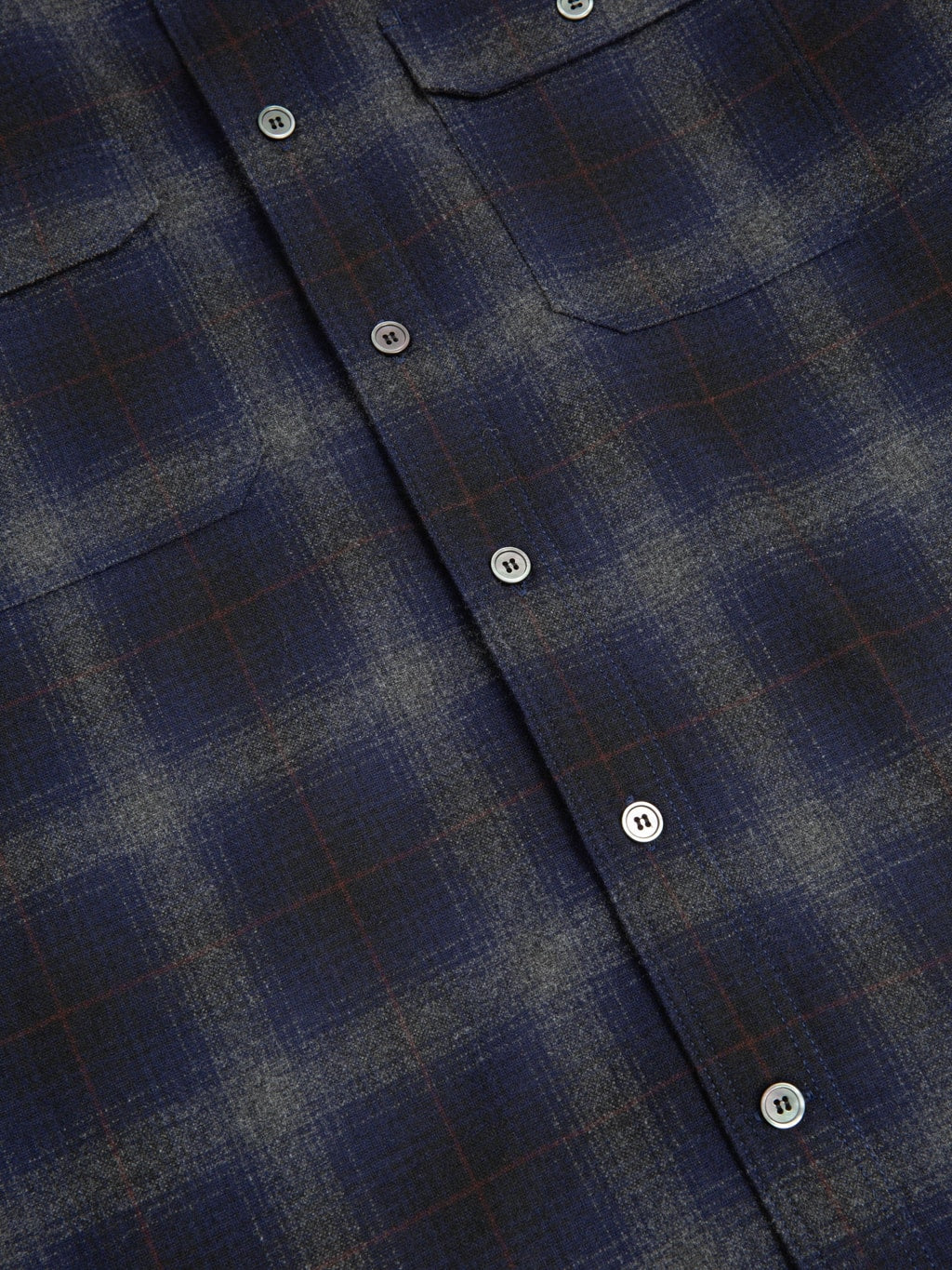 Momotaro Jeans MMLS6001 Wool Cashmere Ombre Check Shirt Navy buttons closeup