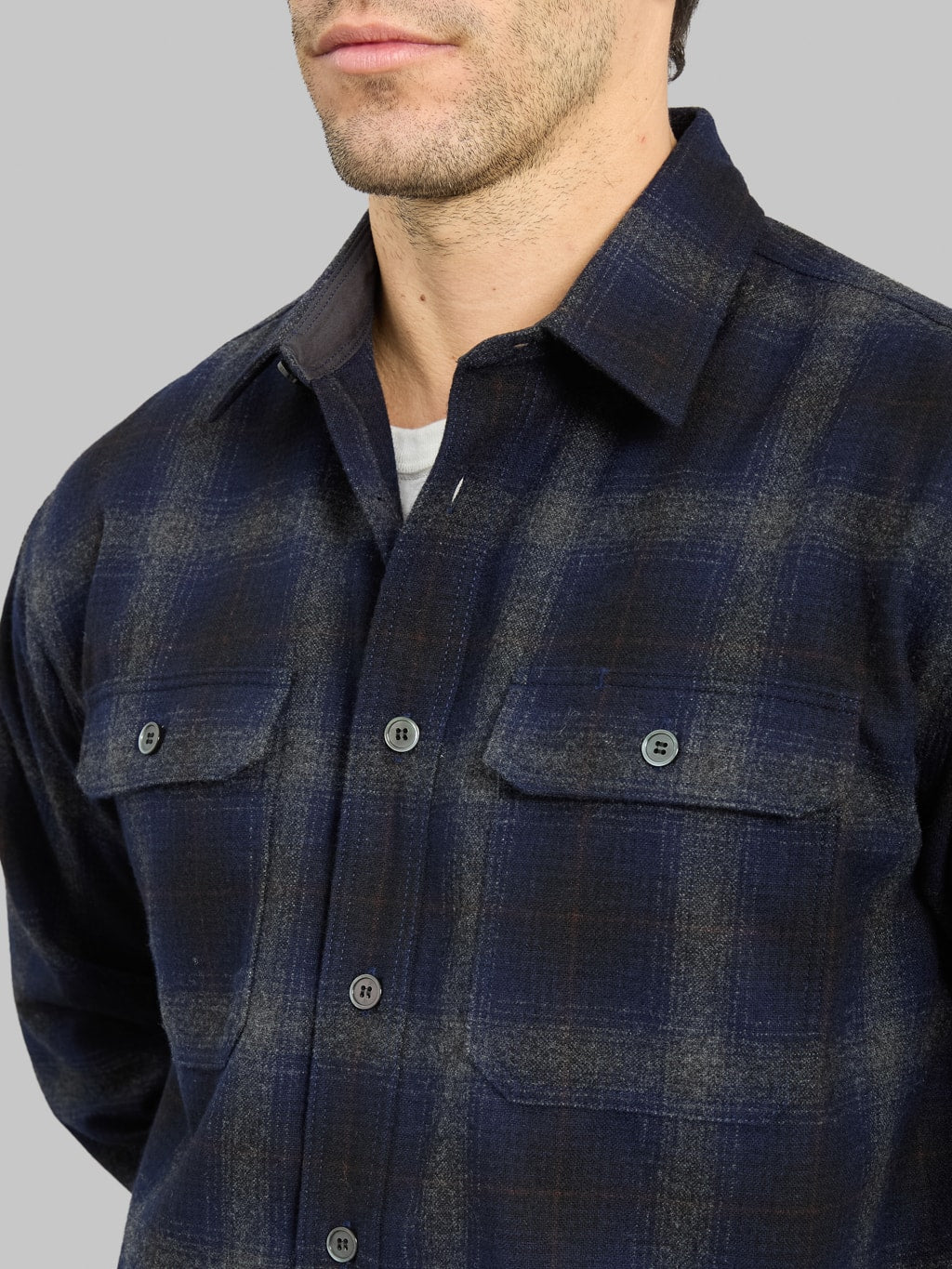 Momotaro Jeans MMLS6001 Wool Cashmere Ombre Check Shirt Navy chest pockets