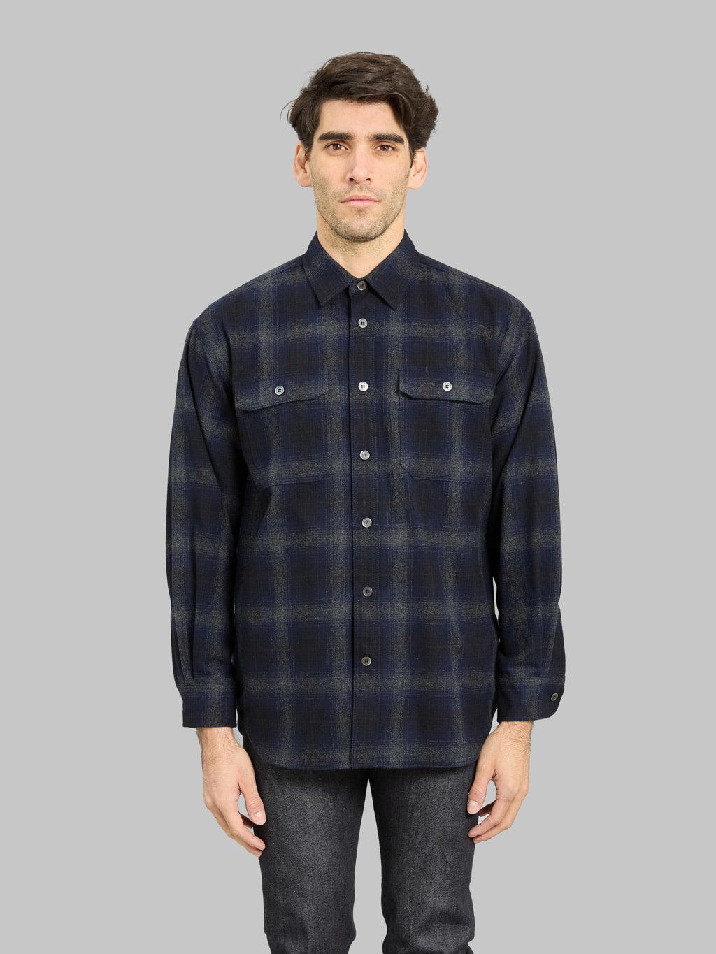 Momotaro Jeans MMLS6001 Wool Cashmere Ombre Check Shirt Navy front fit