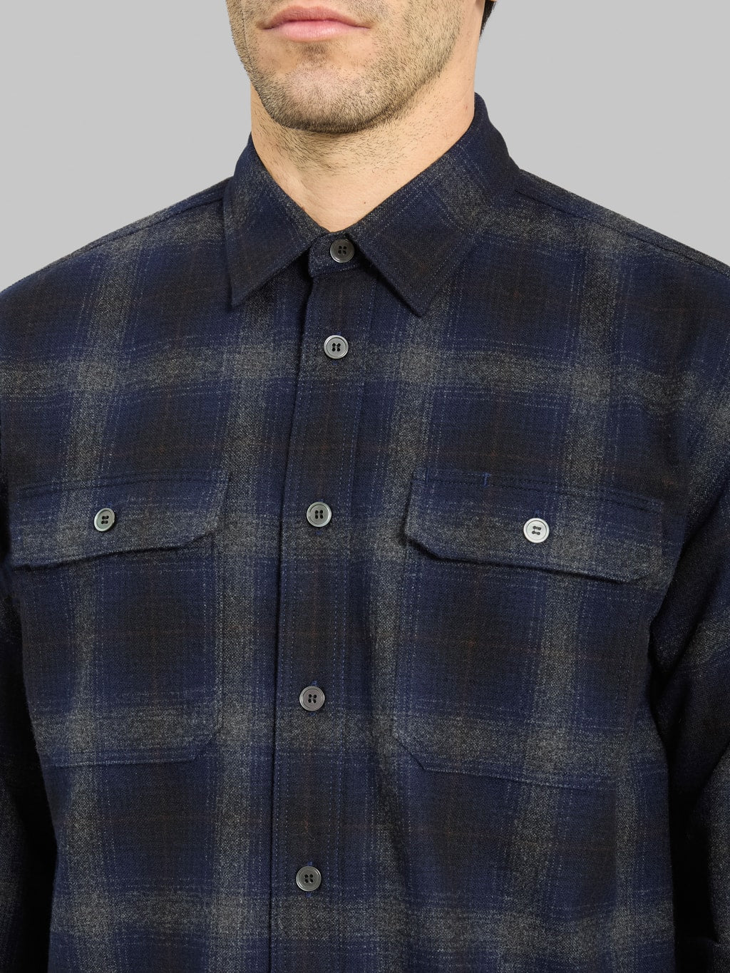 Momotaro Jeans MMLS6001 Wool Cashmere Ombre Check Shirt Navy chest