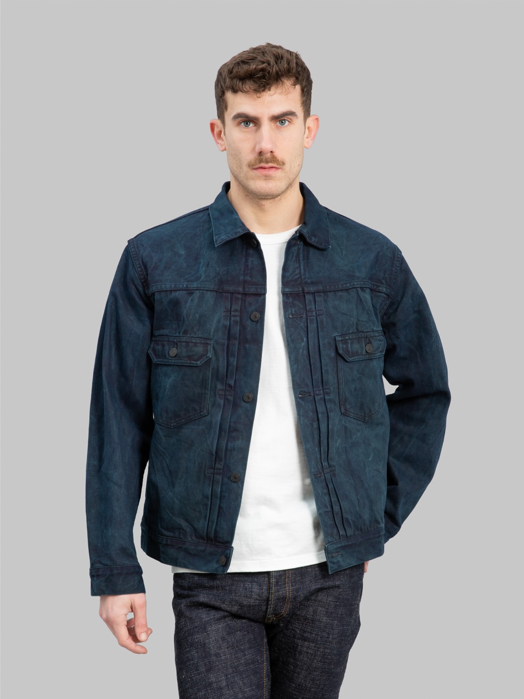 momotaro mxgj10024a mud natural indigo dyed type 2 selvedge denim jacket styled