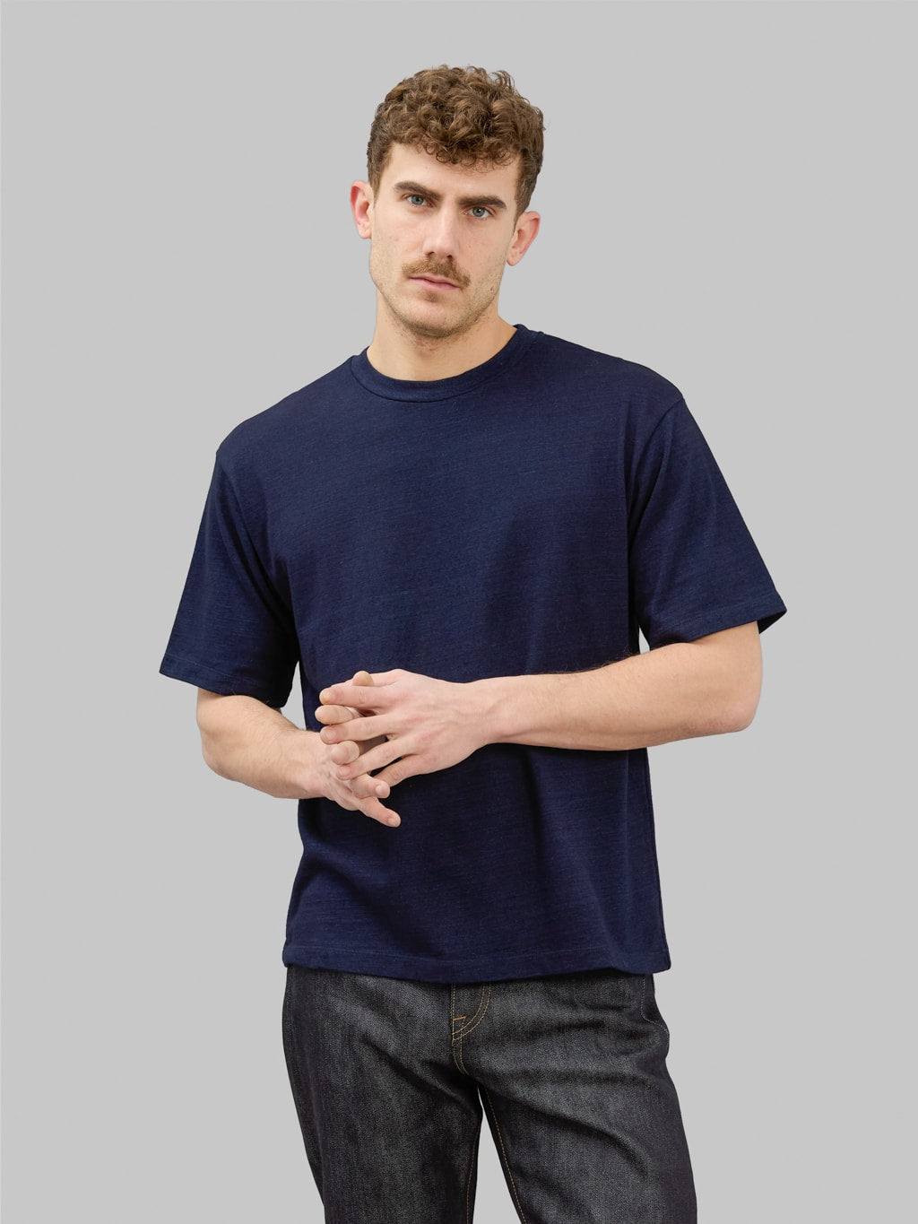 momotaro yarn dyed suvin gold cotton indigo tshirt styled
