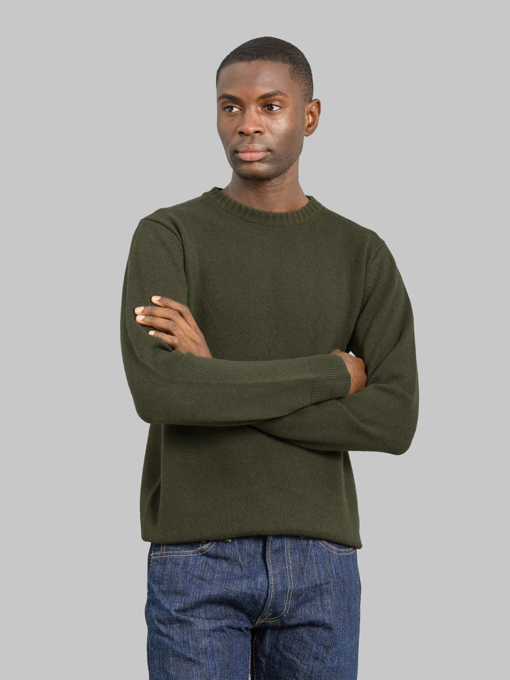 Mooncastle 7G Cashmere Silk Wool Crewneck Pullover Moss Green | Japan