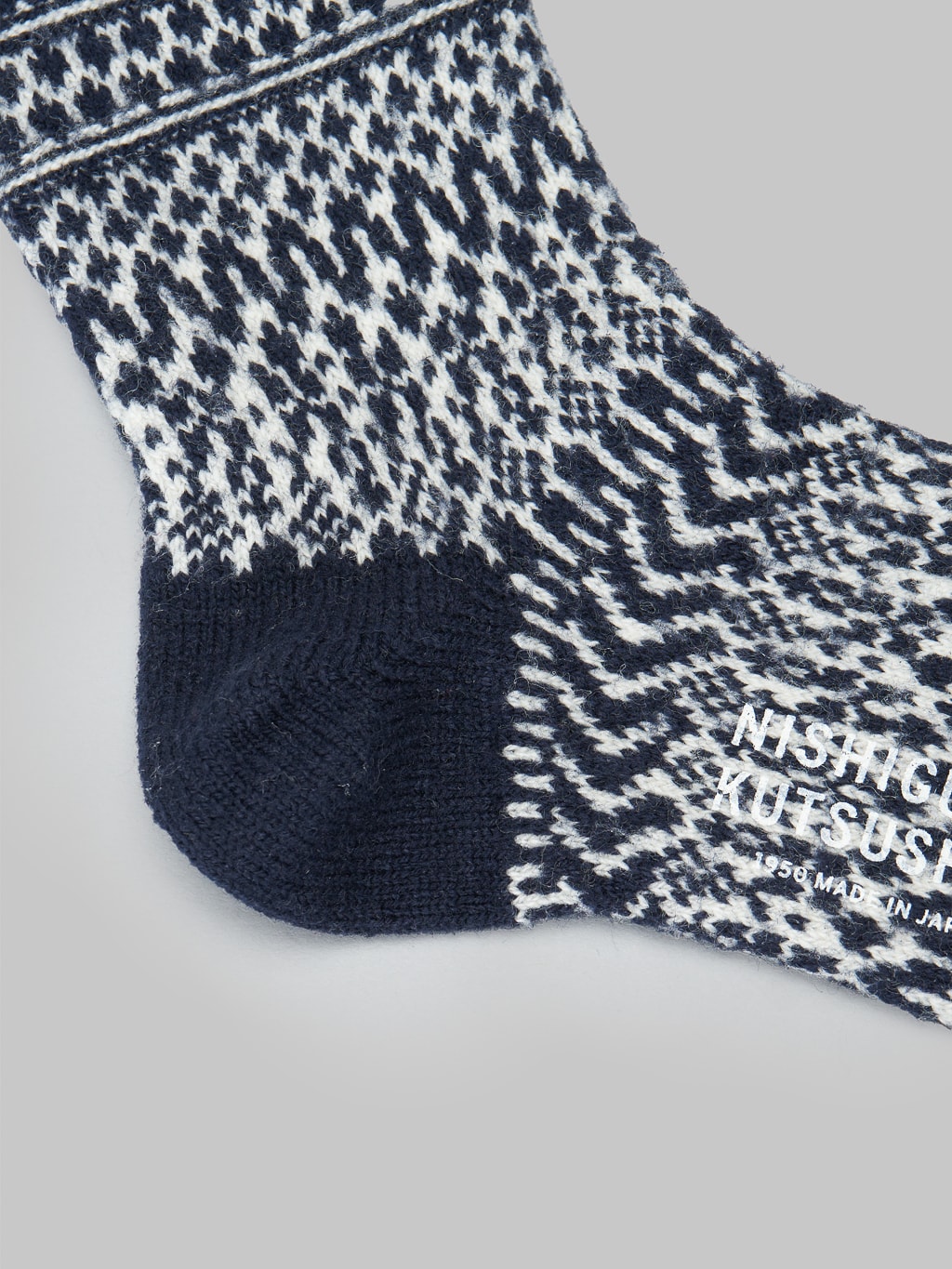 Nishiguchi Kutsushita Wool Jacquard Socks Berlin Blue reinforced heel