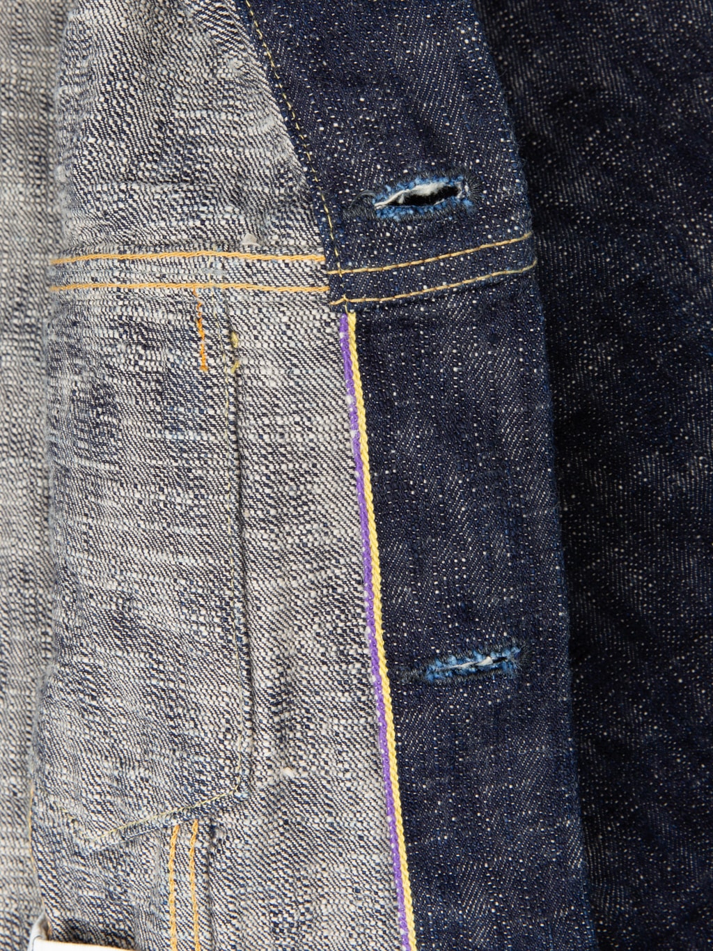 oni 02527p kasuri 17oz type 3 selvedge denim jacket interior closeup