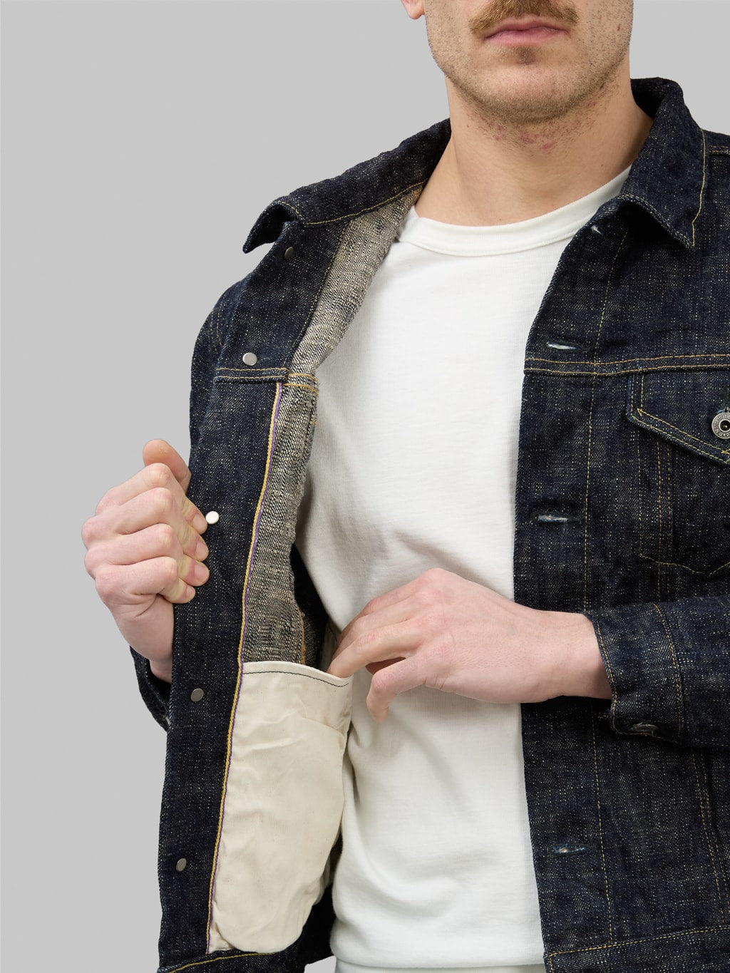 oni 02527p kasuri 17oz type 3 selvedge denim jacket interior pocket