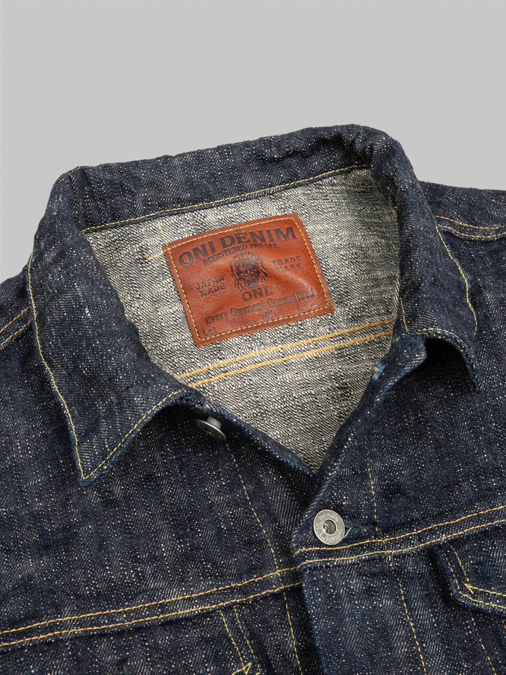 oni 02527p kasuri 17oz type 3 selvedge denim jacket leather patch