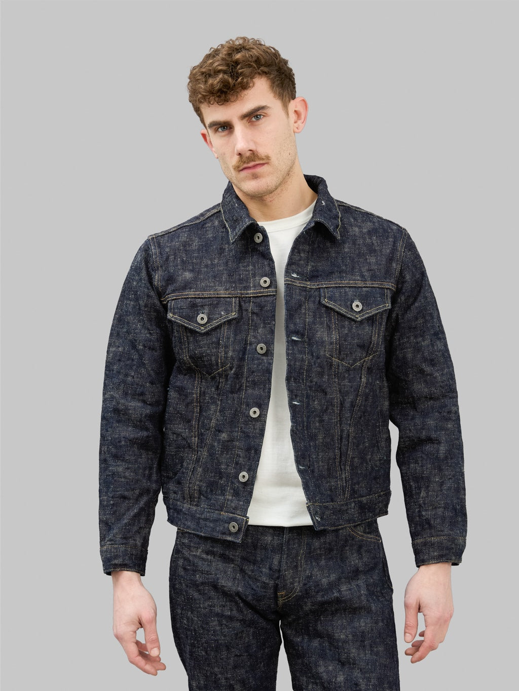 oni 02527p kasuri 17oz type 3 selvedge denim jacket styled