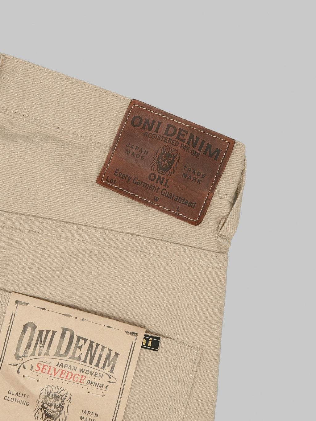 ONI Denim 200 Beta Chambray Beige 8oz Wide Straight Jeans leather patch