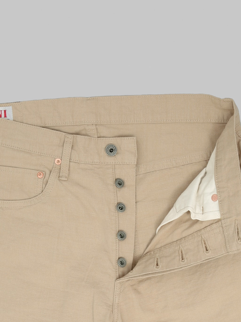 ONI Denim 200 Beta Chambray Beige 8oz Wide Straight Jeans buttons