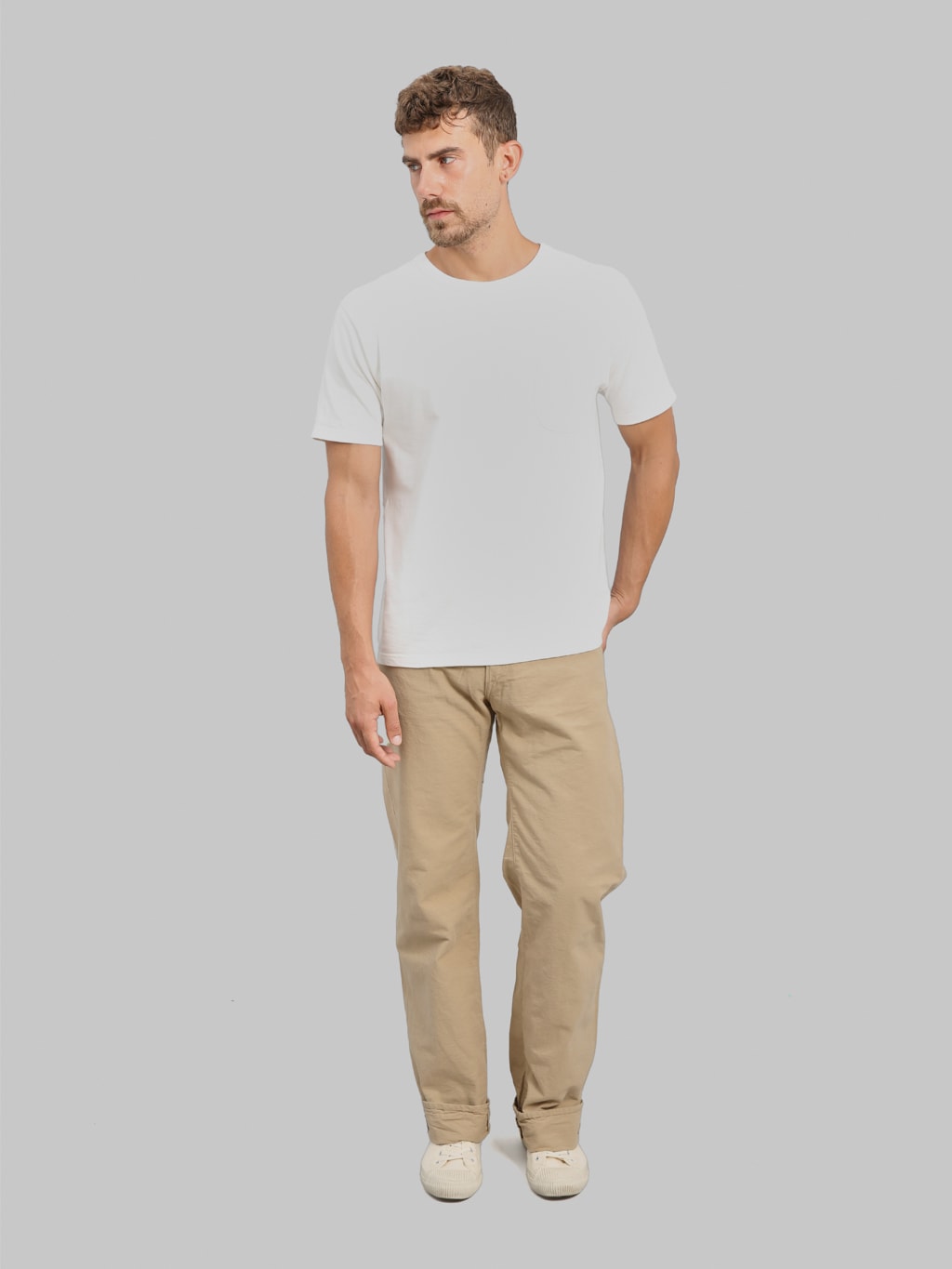 ONI Denim 200 8BE Beta Chambray Beige 8oz Wide Straight Jeans styled