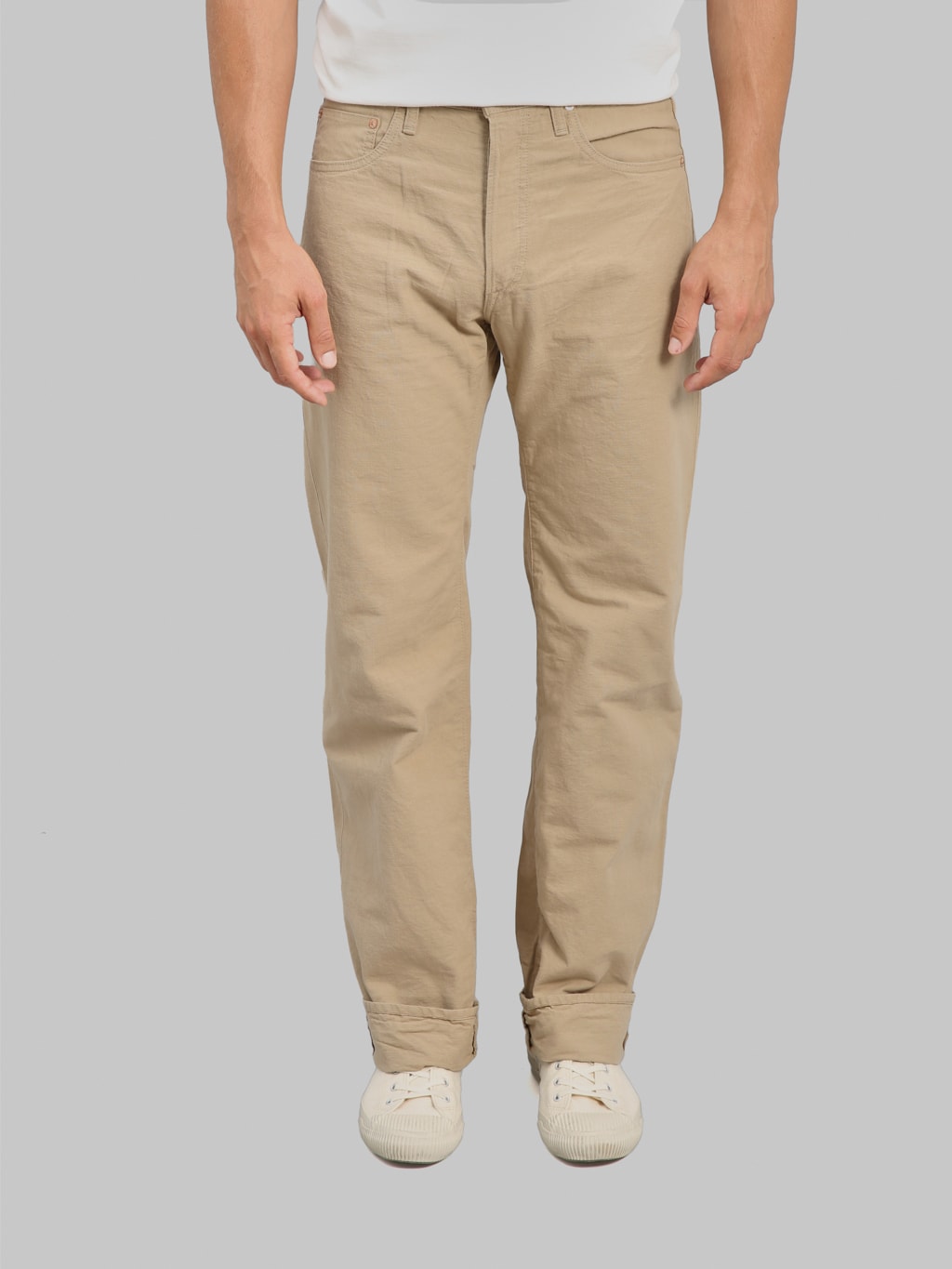 ONI Denim 200 Beta Chambray Beige 8oz Wide Straight Jeans front fit