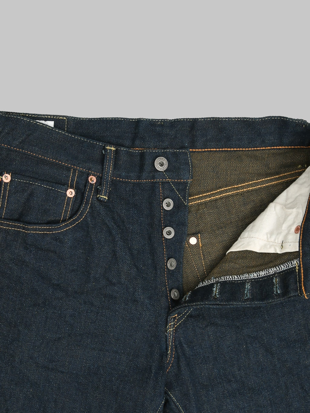ONI Denim 200ZROLV Secret Denim Olive Weft Wide Jeans copper buttons