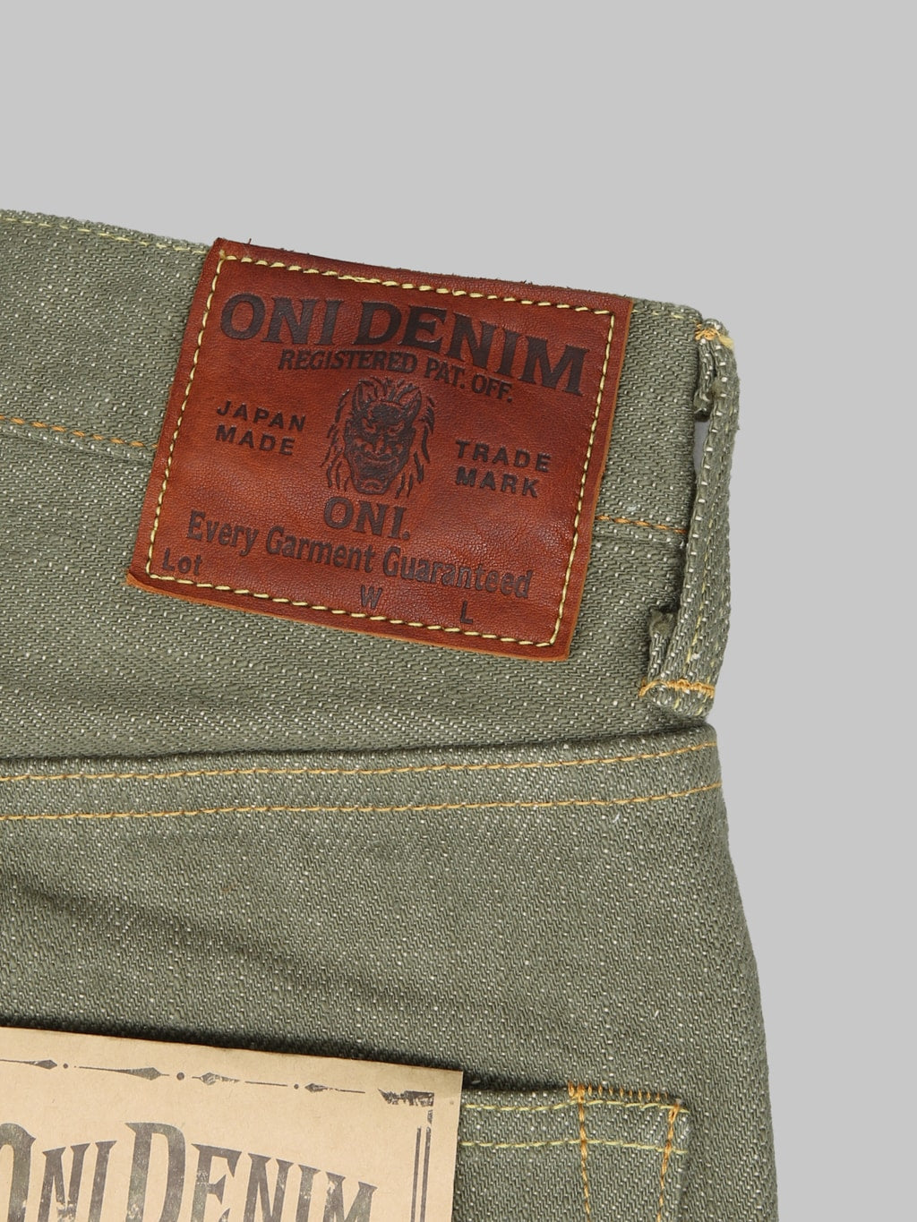 ONI Denim 266 OLD18 Olive Denim Straight Jeans leather patch
