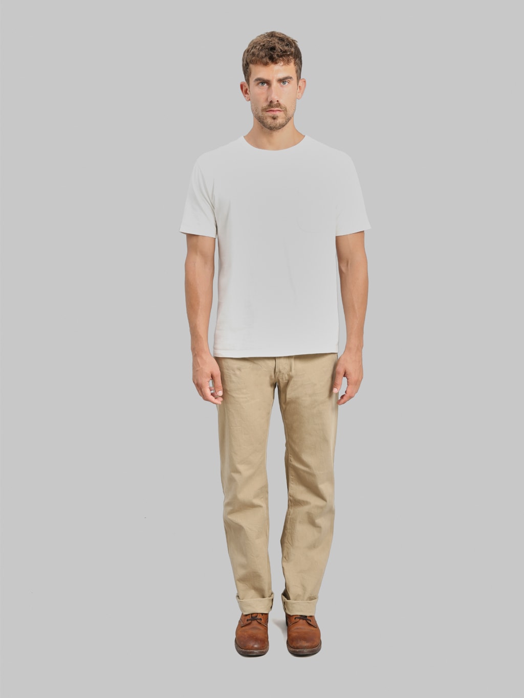ONI 266SVC KHB 8oz Selvedge Chino Trouser Khaki Beige front look