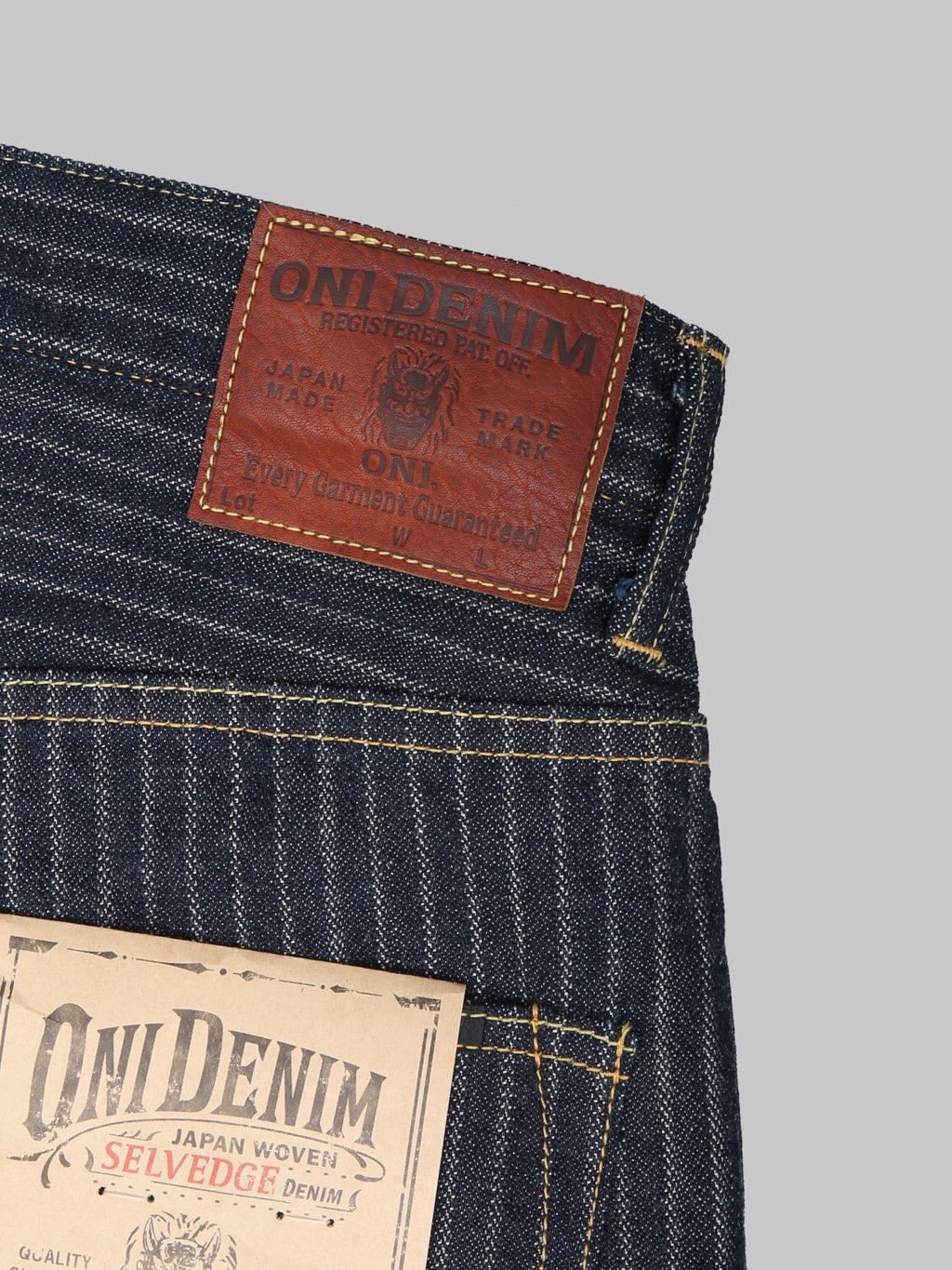 ONI Denim 266HJS 12oz Jacquard Striped Relax Straight Jeans leather patch