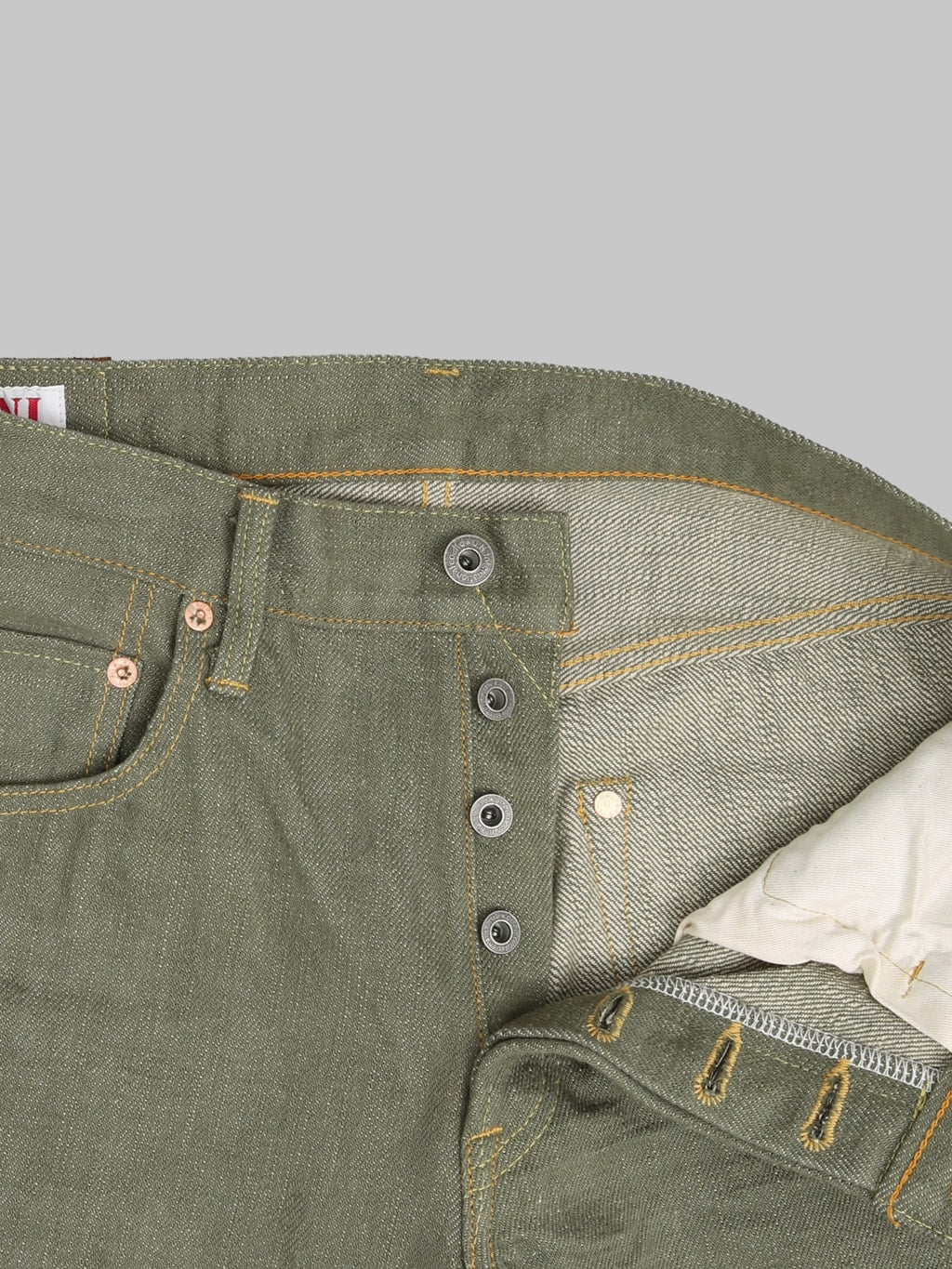 ONI Denim 270 OLD18 Olive Denim 18oz Neat Straight Jeans buttons