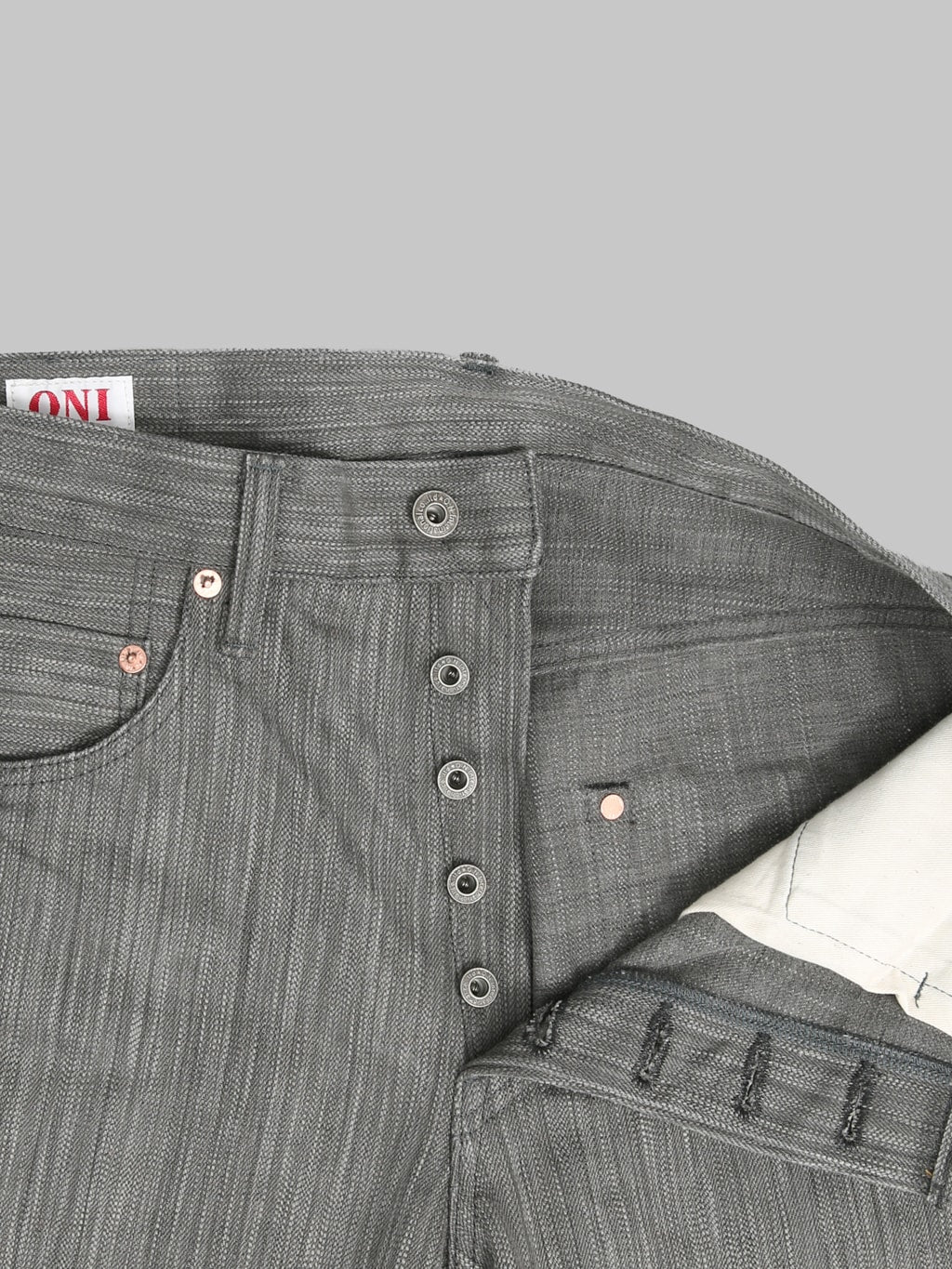 ONI Denim 275 20oz Awa Sumi Regular Straight Jeans copper buttons