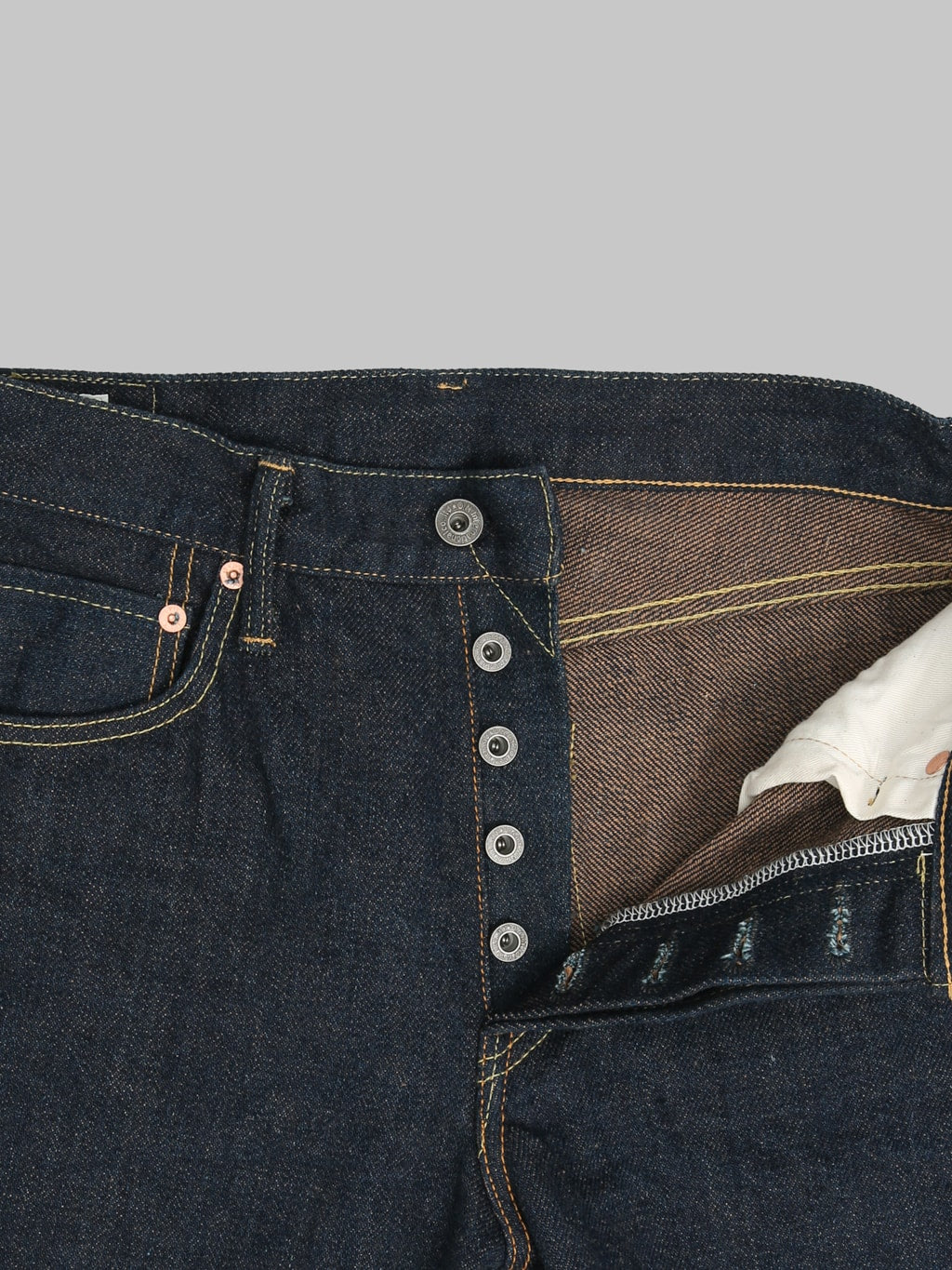ONI Denim 288ZRLBR Secret Denim Brown Weft Straight Jeans donut buttons